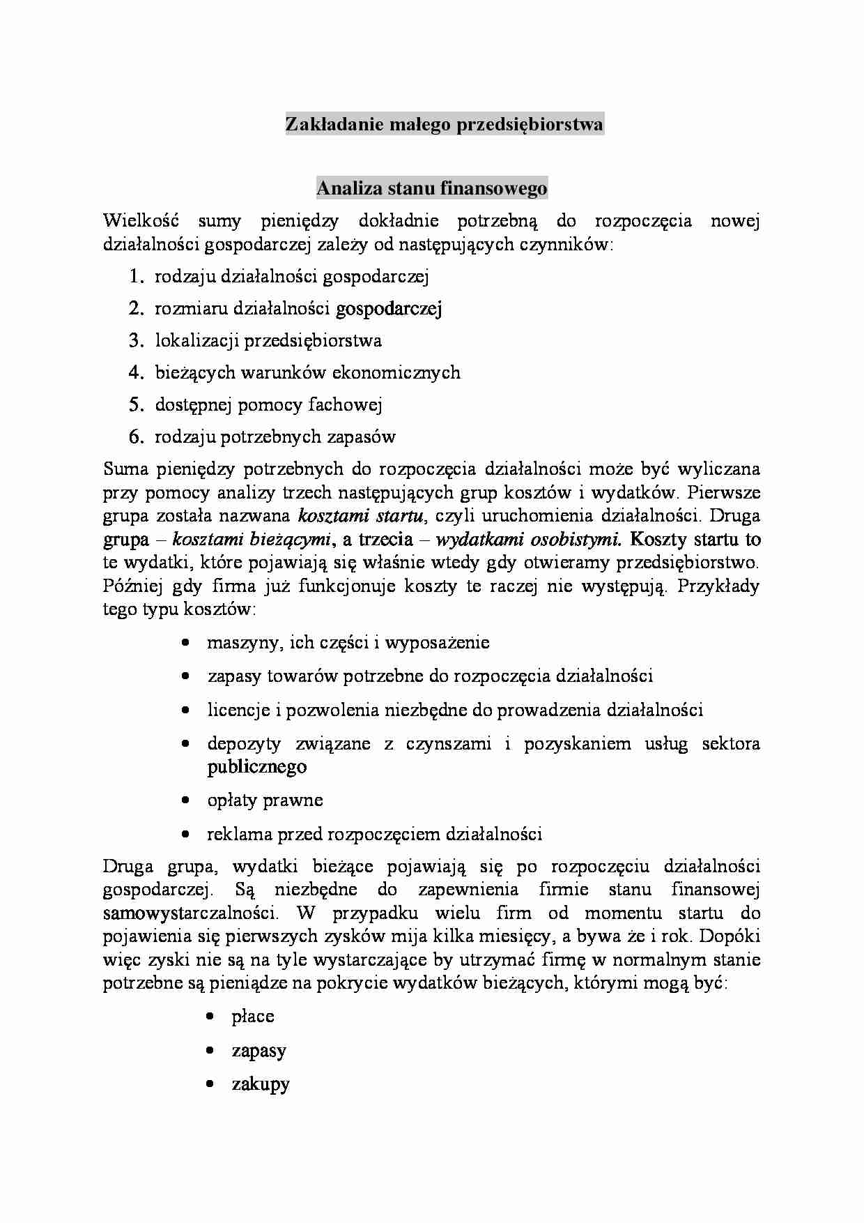 Zakładanie małego przedsiębiorstwa- analiza stanu finansowego - strona 1