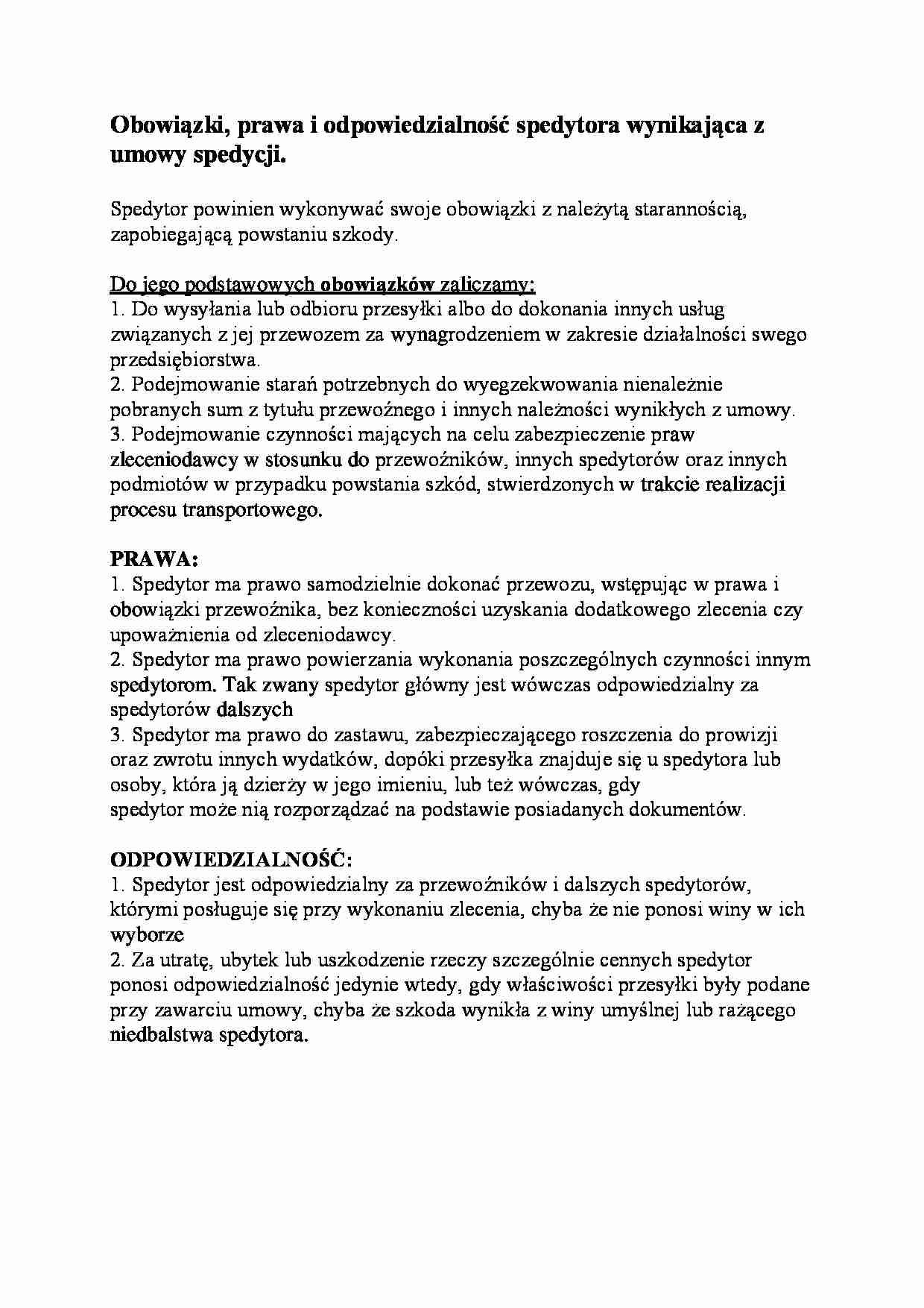 Obowiązki, prawa i odpowiedzialność spedytora wynikająca z umowy spedycji - strona 1