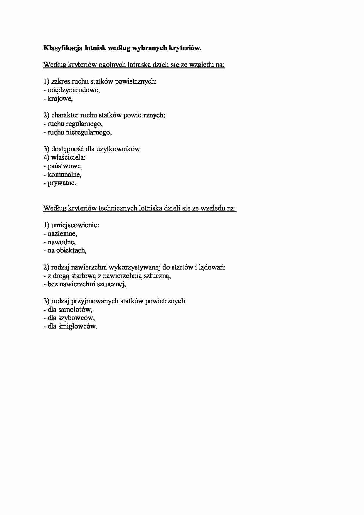 Klasyfikacja lotnisk według wybranych kryteriów - strona 1