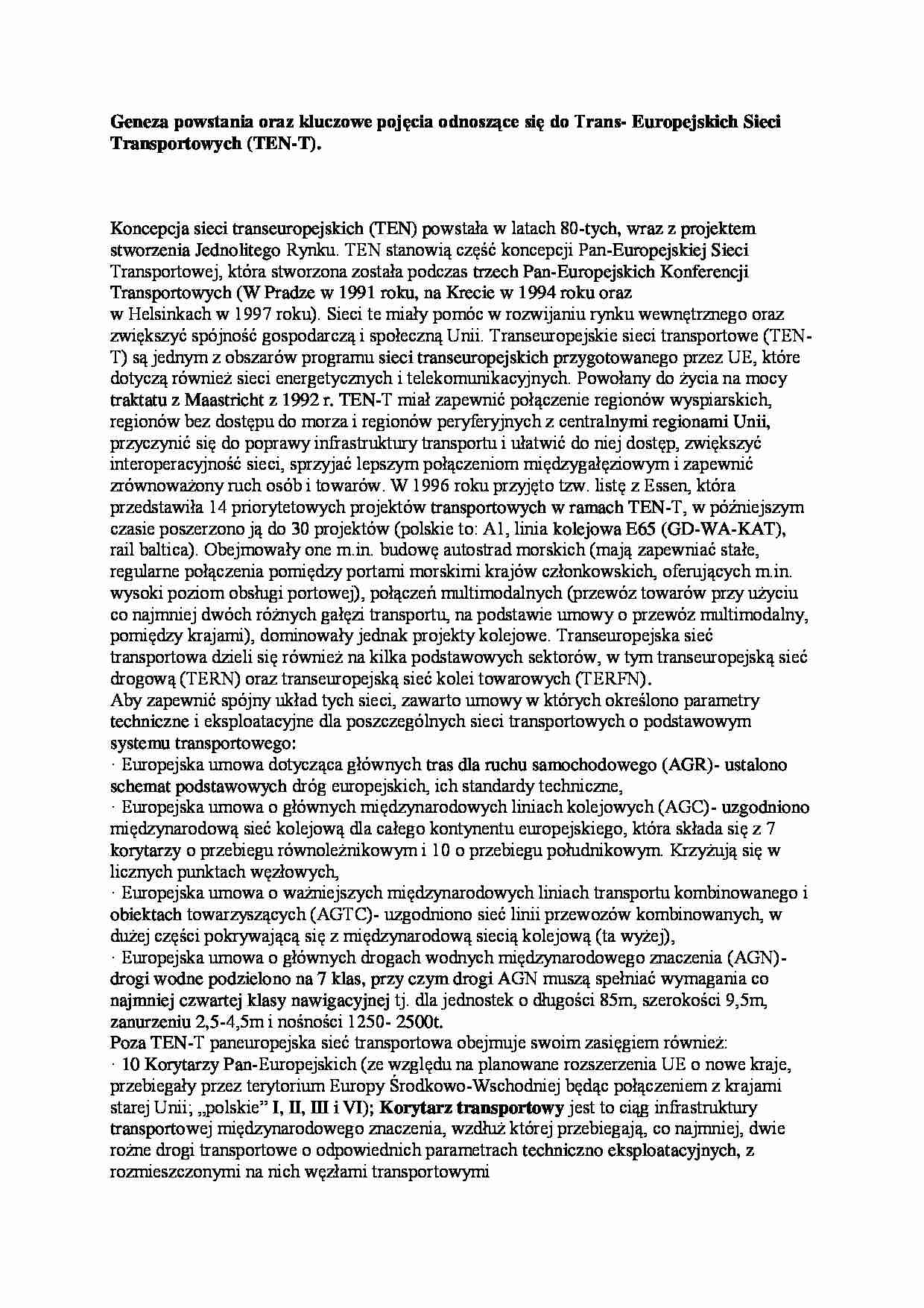 Geneza powstania oraz kluczowe pojęcia odnoszące się do Trans-Europejskich Sieci Transportowych - strona 1