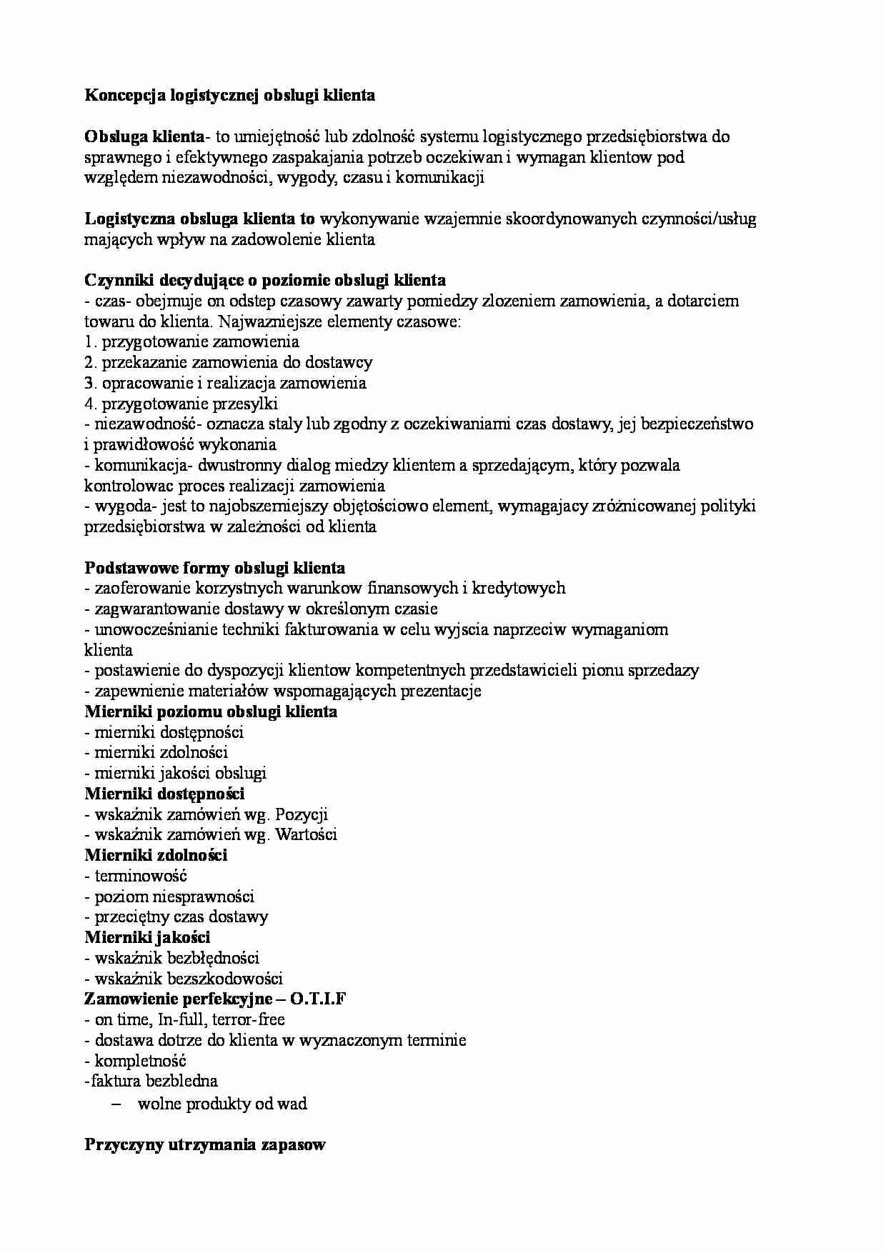 Materiały na egzamin z logistyki - Cz. II: Koncepcja logistycznej obsługi klienta - strona 1