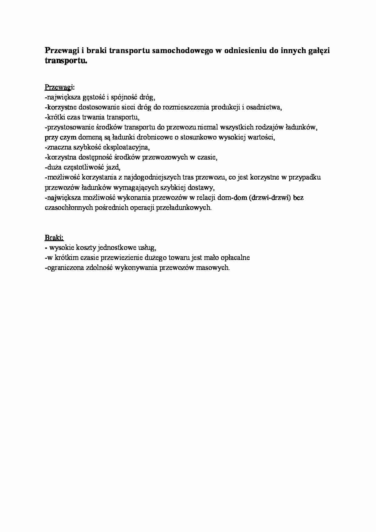 Przewagi i braki transportu samochodowego w odniesieniu do innych gałęzi transportu - strona 1