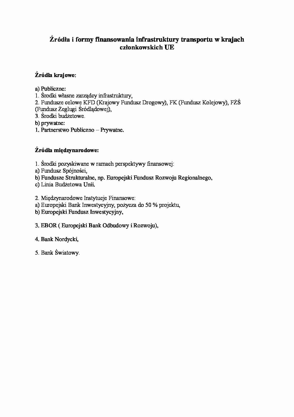 Źródła i formy finansowania infrastruktury transportu w krajach członkowskich UE - strona 1