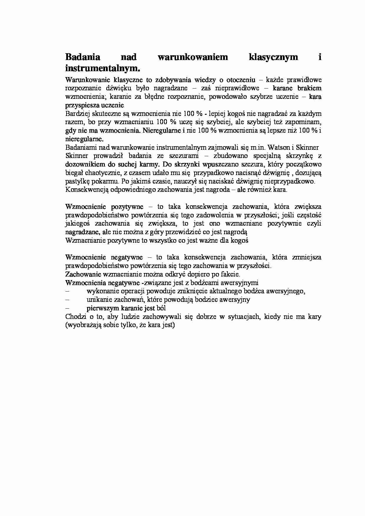 Badania nad warunkowaniem klasycznym i instrumentalnym - strona 1