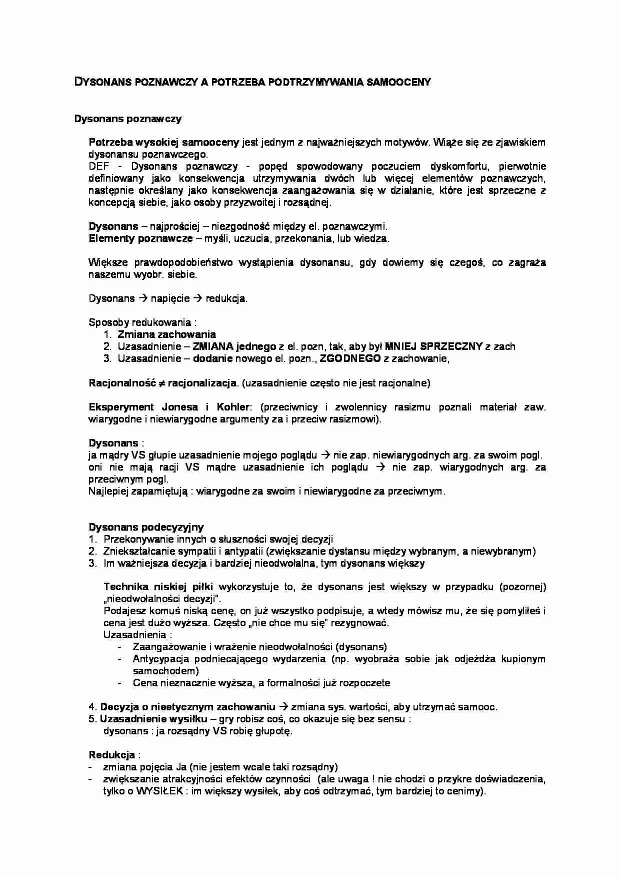 Dysonans poznawczy a potrzeba podtrzymywania samooceny - strona 1