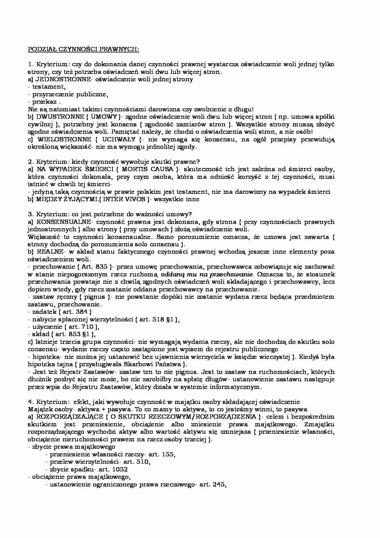 PODZIAŁ CZYNNOŚCI PRAWNYCH - Jednostronne - strona 1