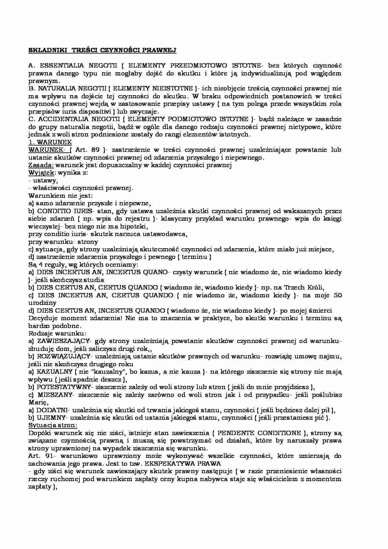 SKŁADNIKI  TREŚCI CZYNNOŚCI PRAWNEJ - strona 1