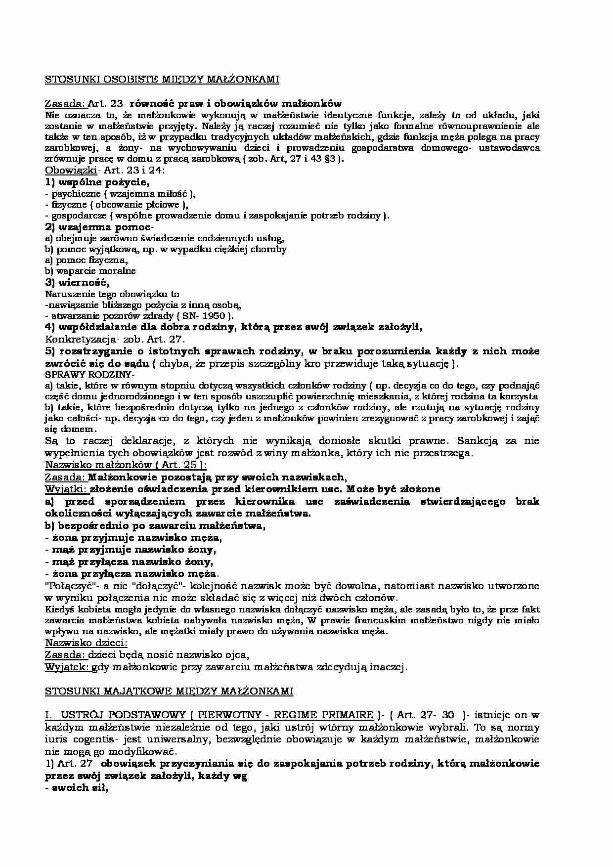 STOSUNKI OSOBISTE I MAJĄTKOWE MIĘDZY MAŁŻONKAMI - strona 1