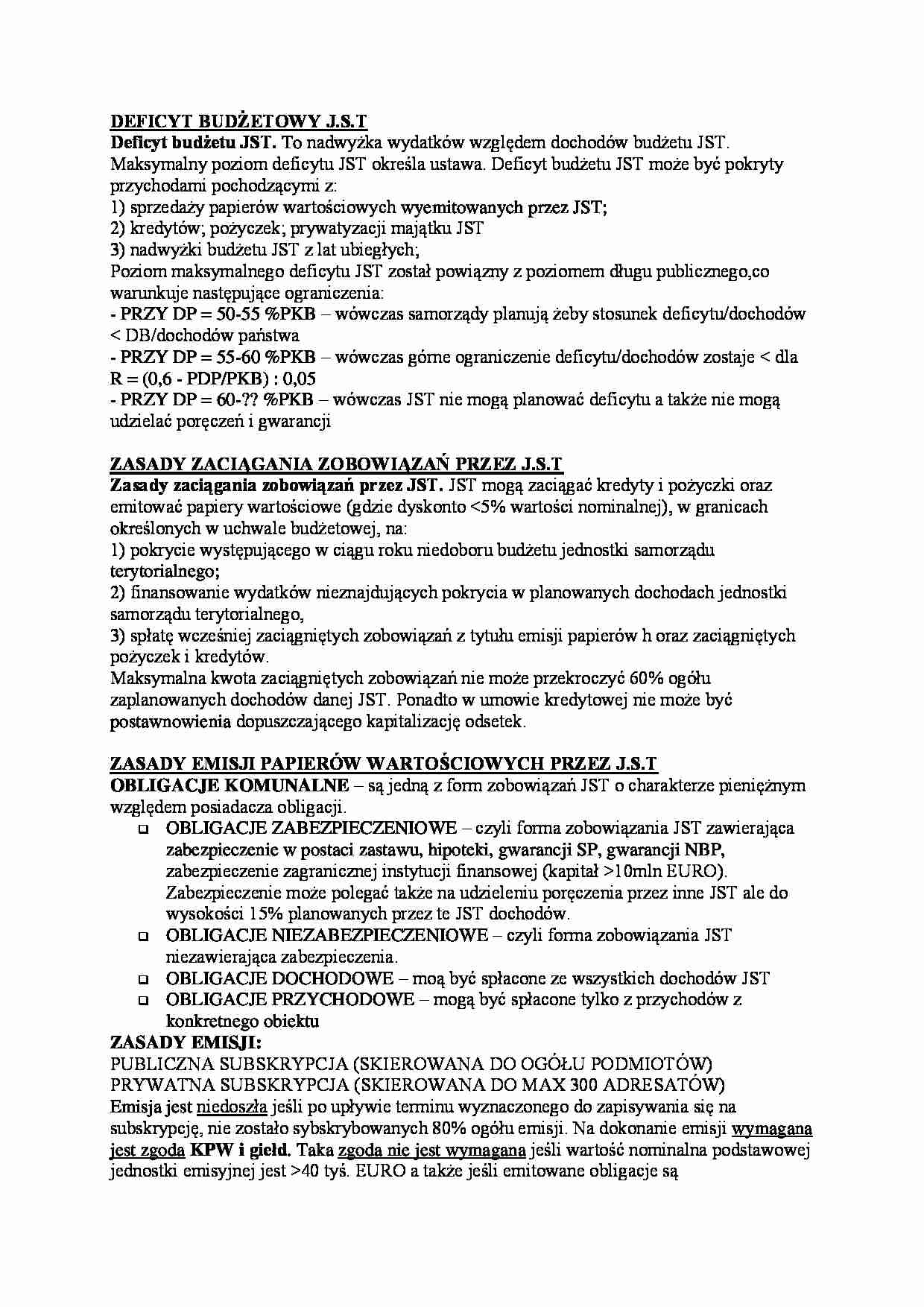 DEFICYT BUDŻETOWY J.S.T. ORAZ ZASADY ZACIĄGANIA ZOBOWIĄZAŃ - strona 1