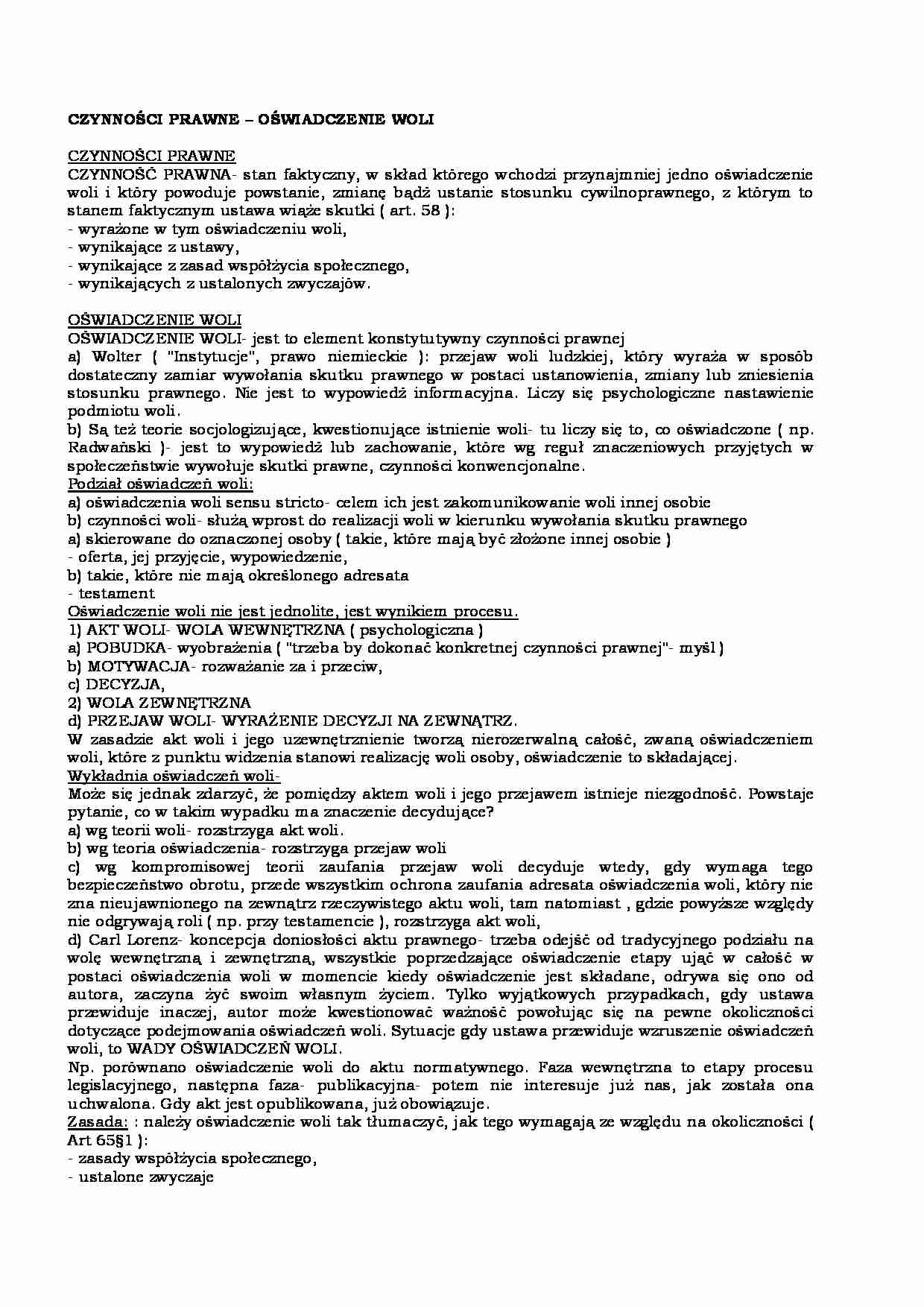 CZYNNOŚCI PRAWNE - OŚWIADCZENIE WOLI - strona 1