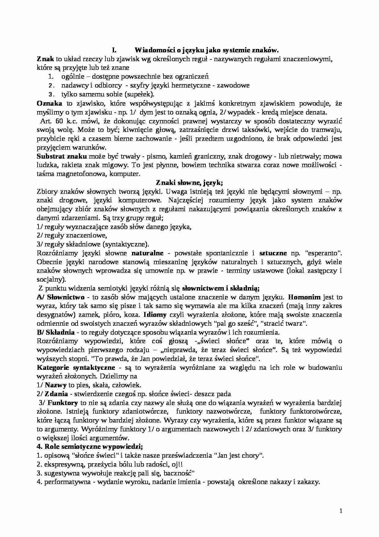 Wiadomości o języku jako systemie znaków - strona 1
