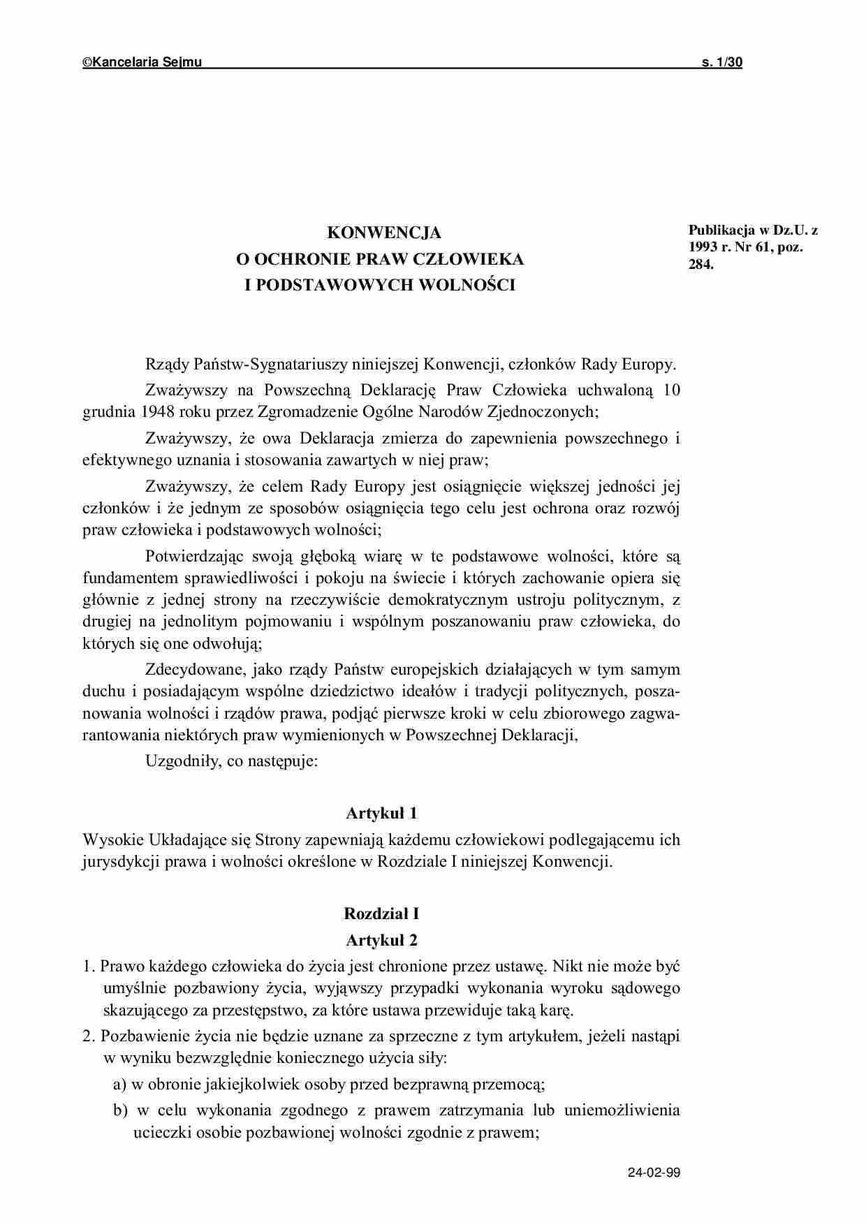 Konwencja o ochronia PC i podstawowych wolności - strona 1