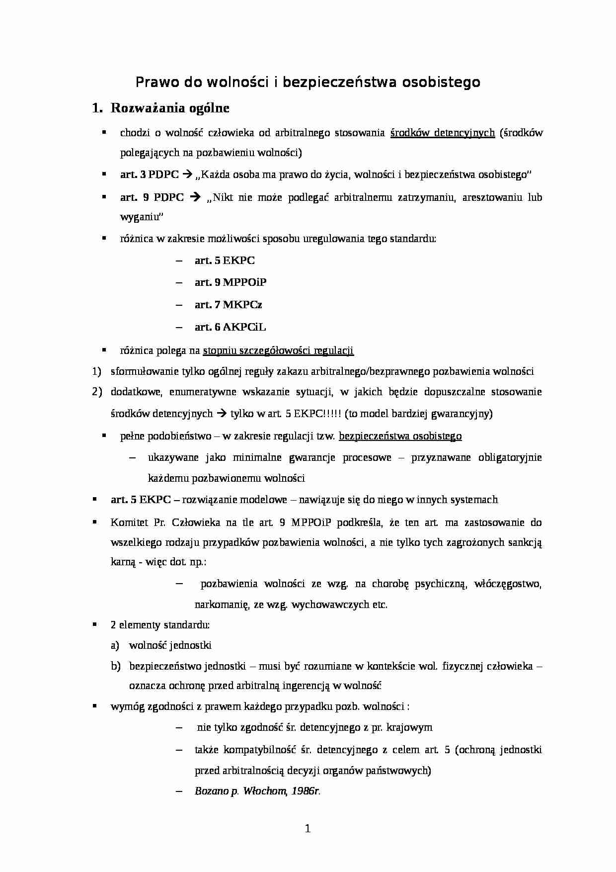 Prawo do wolności i bezpieczeństwa osobistego - notatki z wykładu - strona 1
