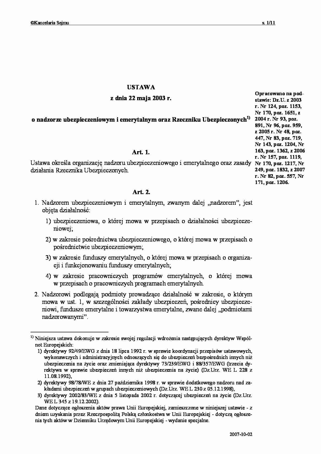 ustawa o nadzorze ubezpieczeniowym - strona 1