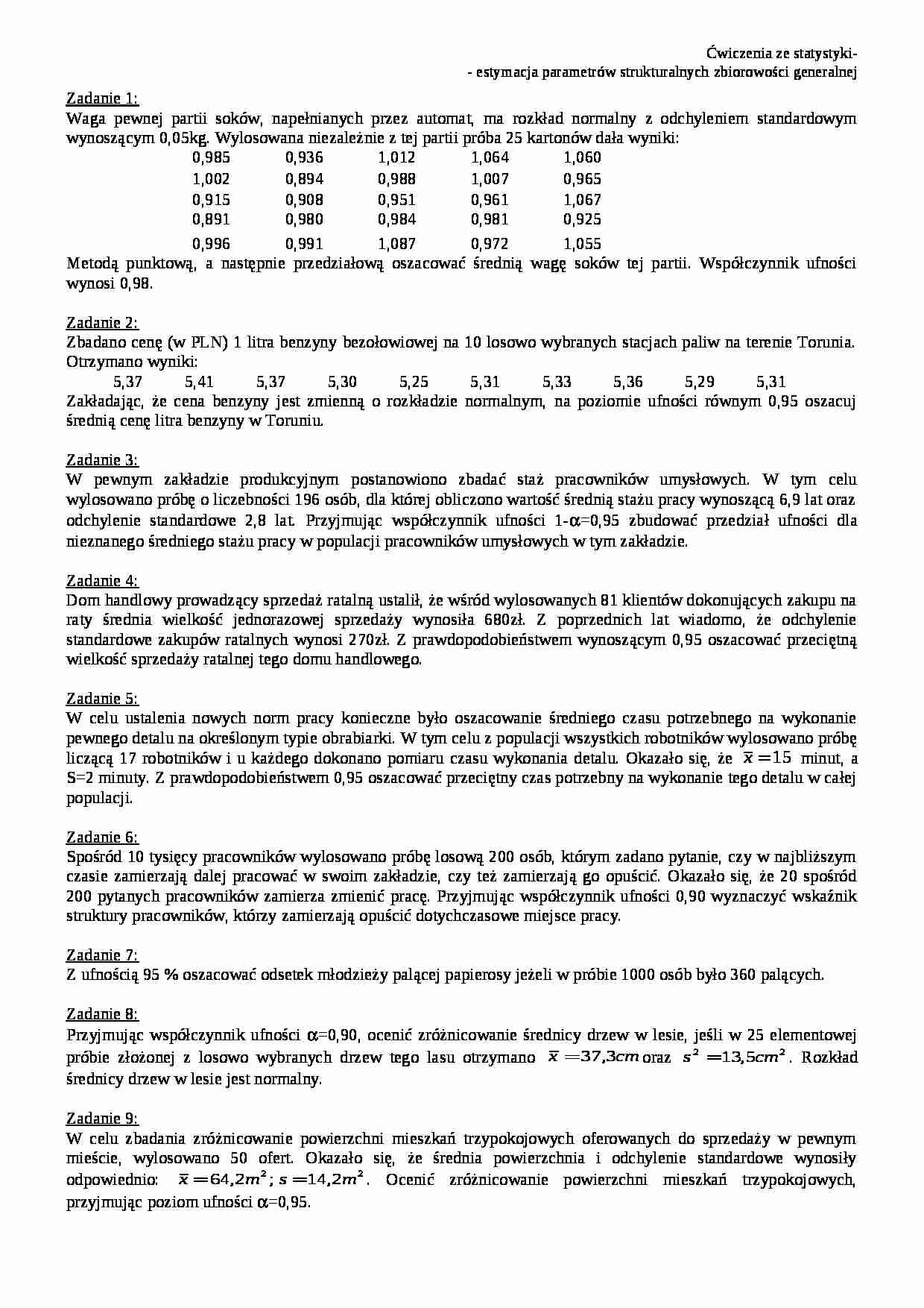 Estymacja parametrów strukturalnych zbiorowości generalnej-zadania - strona 1
