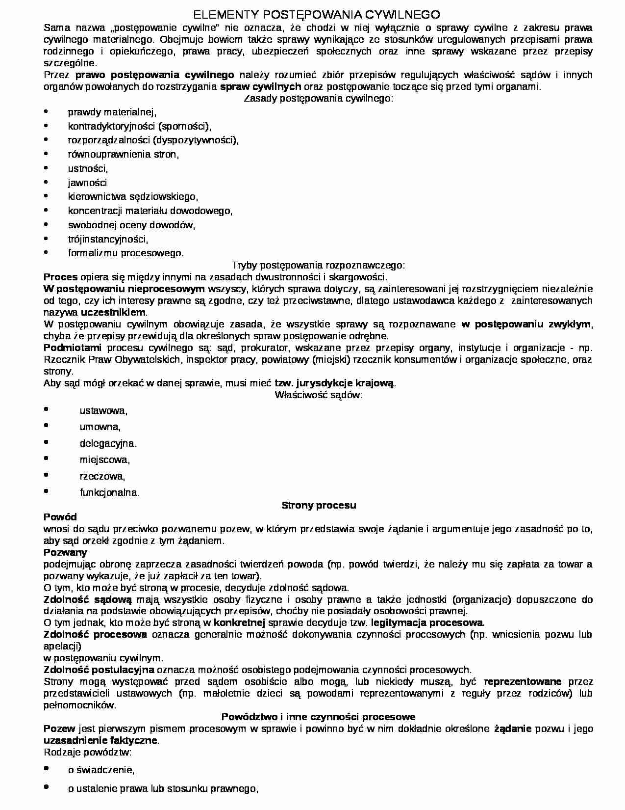ELEMENTY POSTEPOWANIA CYWILNEGO - Prawo  - strona 1