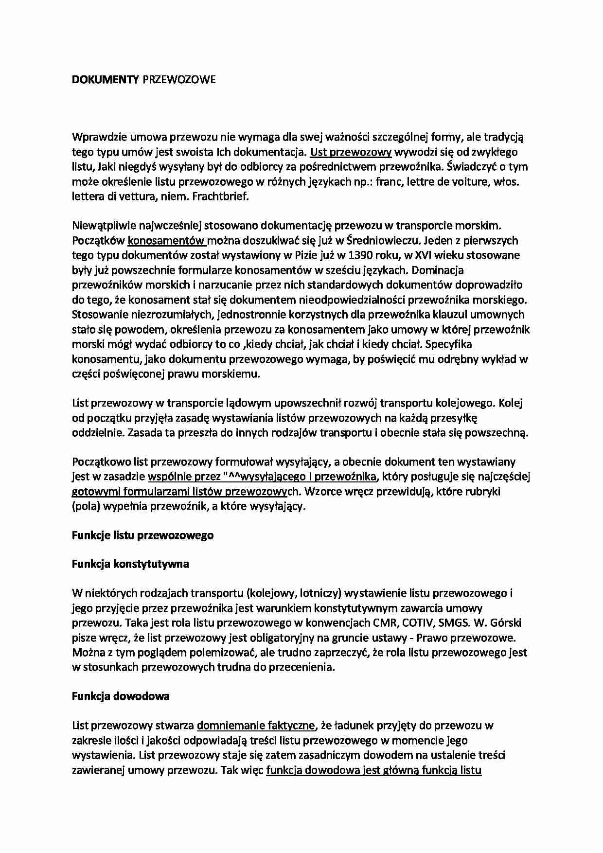 Dokumenty przewozowe - Umowa przewozu - strona 1