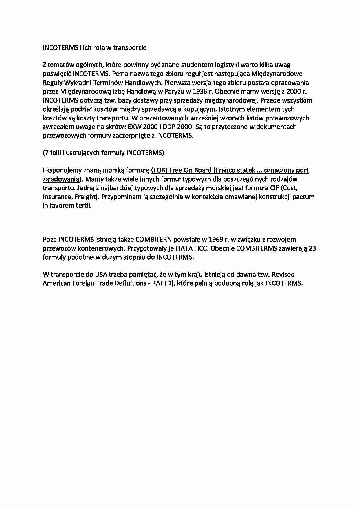 INCOTERMS i ich rola w transporcie - Międzynarodowe  Reguły Wykładni Terminów Handlowych - strona 1