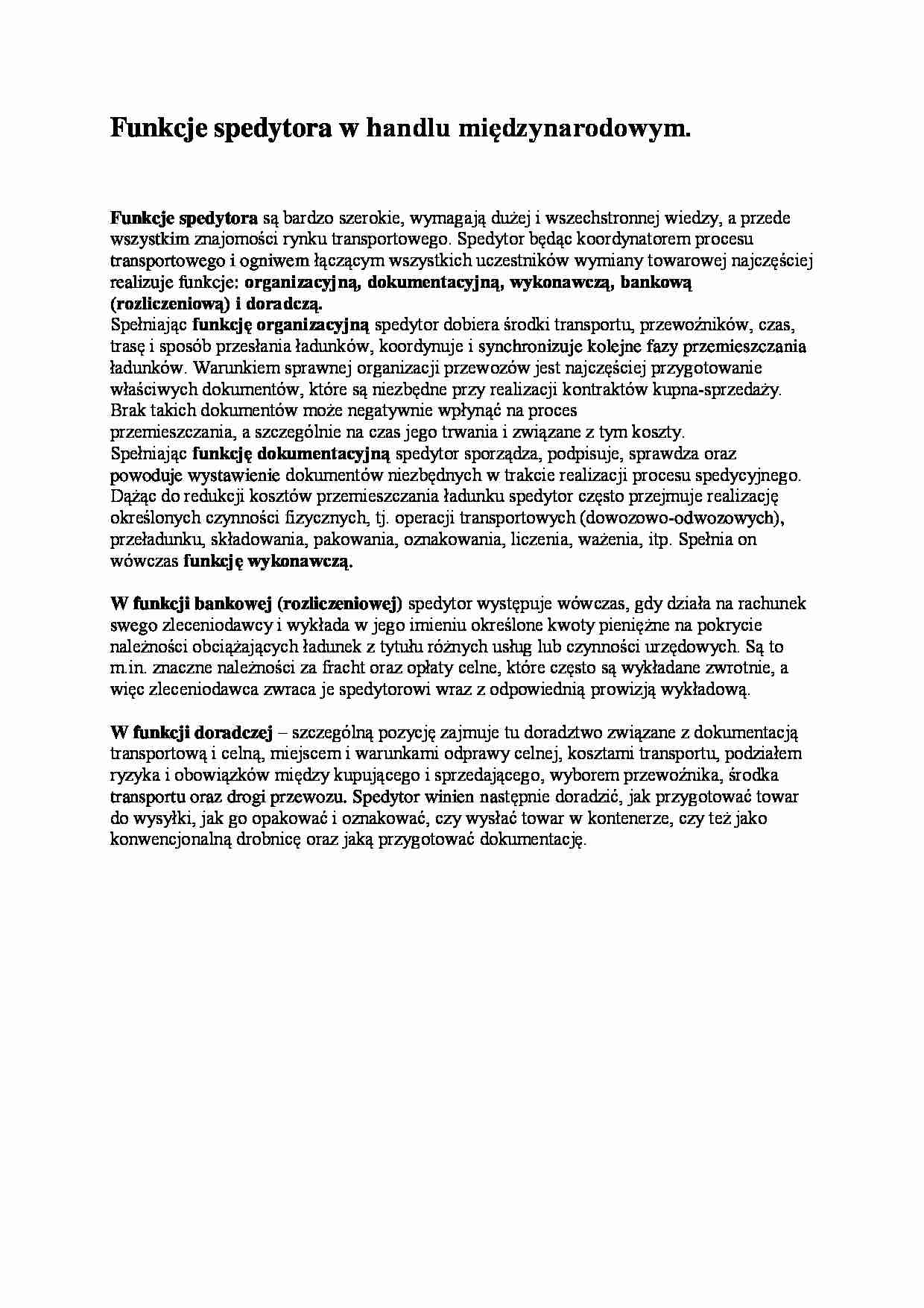Funkcje spedytora w handlu międzynarodowym - Towar - Funkcja organizacyjna - strona 1