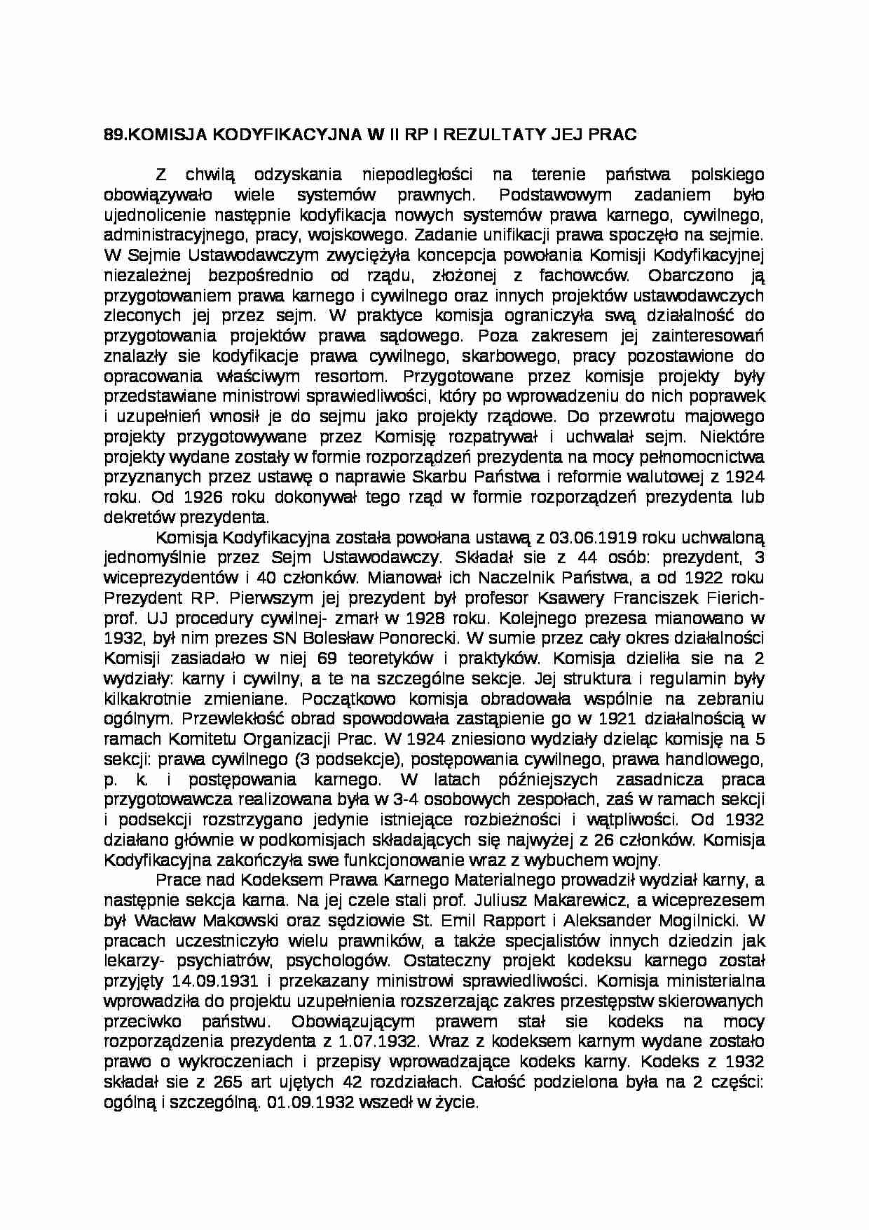 KOMISJA KODYFIKACYJNA W II RP I REZULTATY JEJ PRAC - Prawo  - strona 1