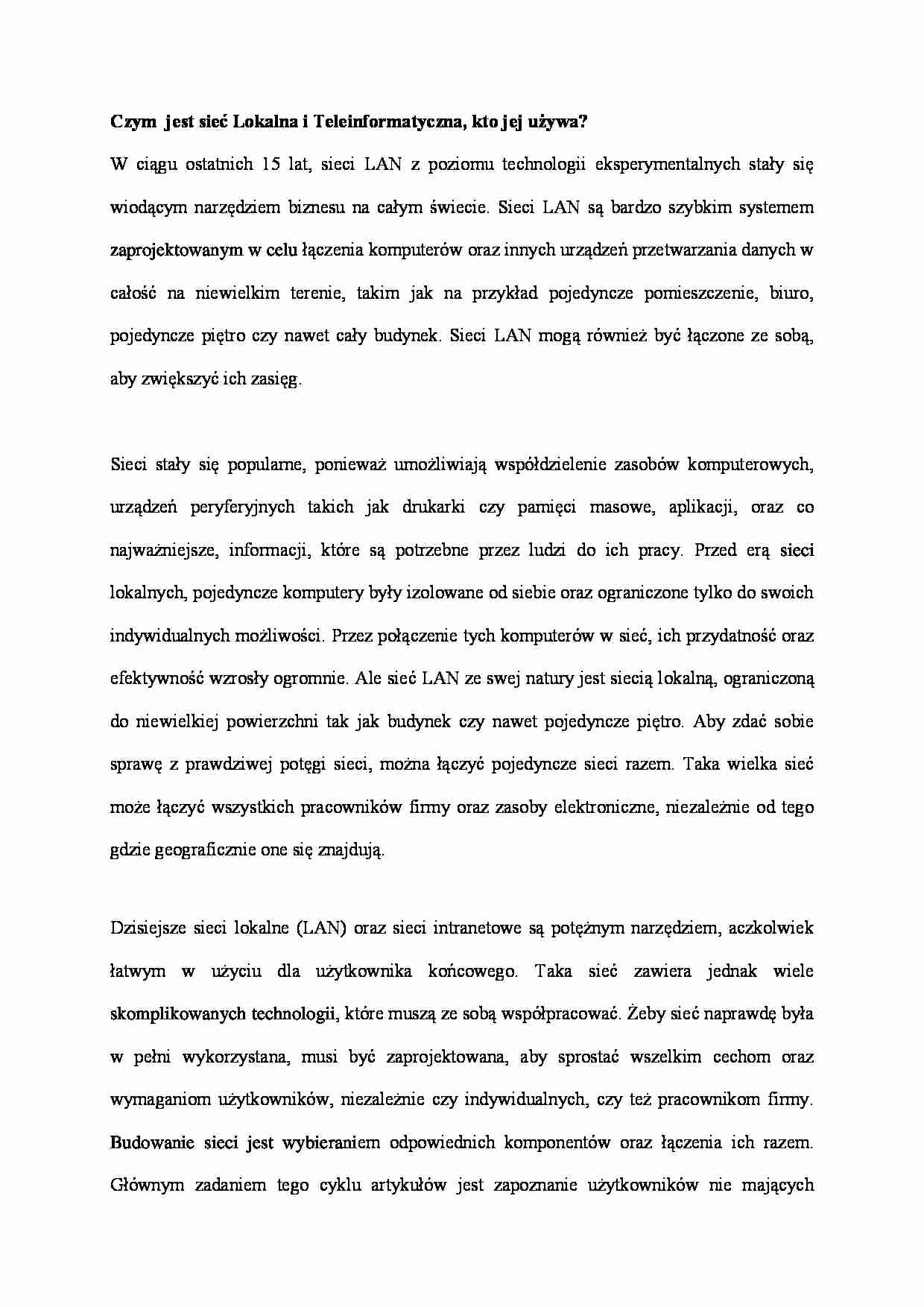Czym  jest sieć Lokalna i Teleinformatyczna - strona 1