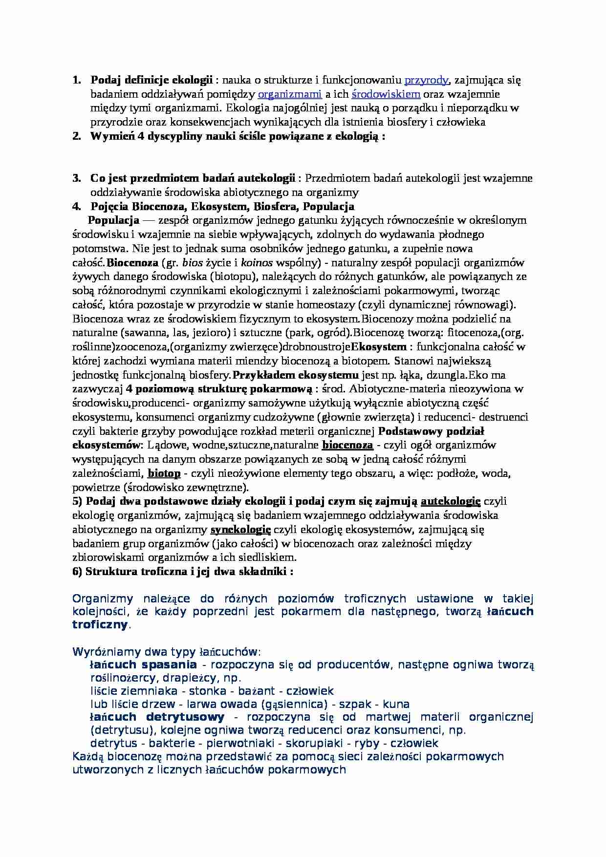 Skrypt z ekologii z zagadnieniami egzaminacyjnymi - strona 1