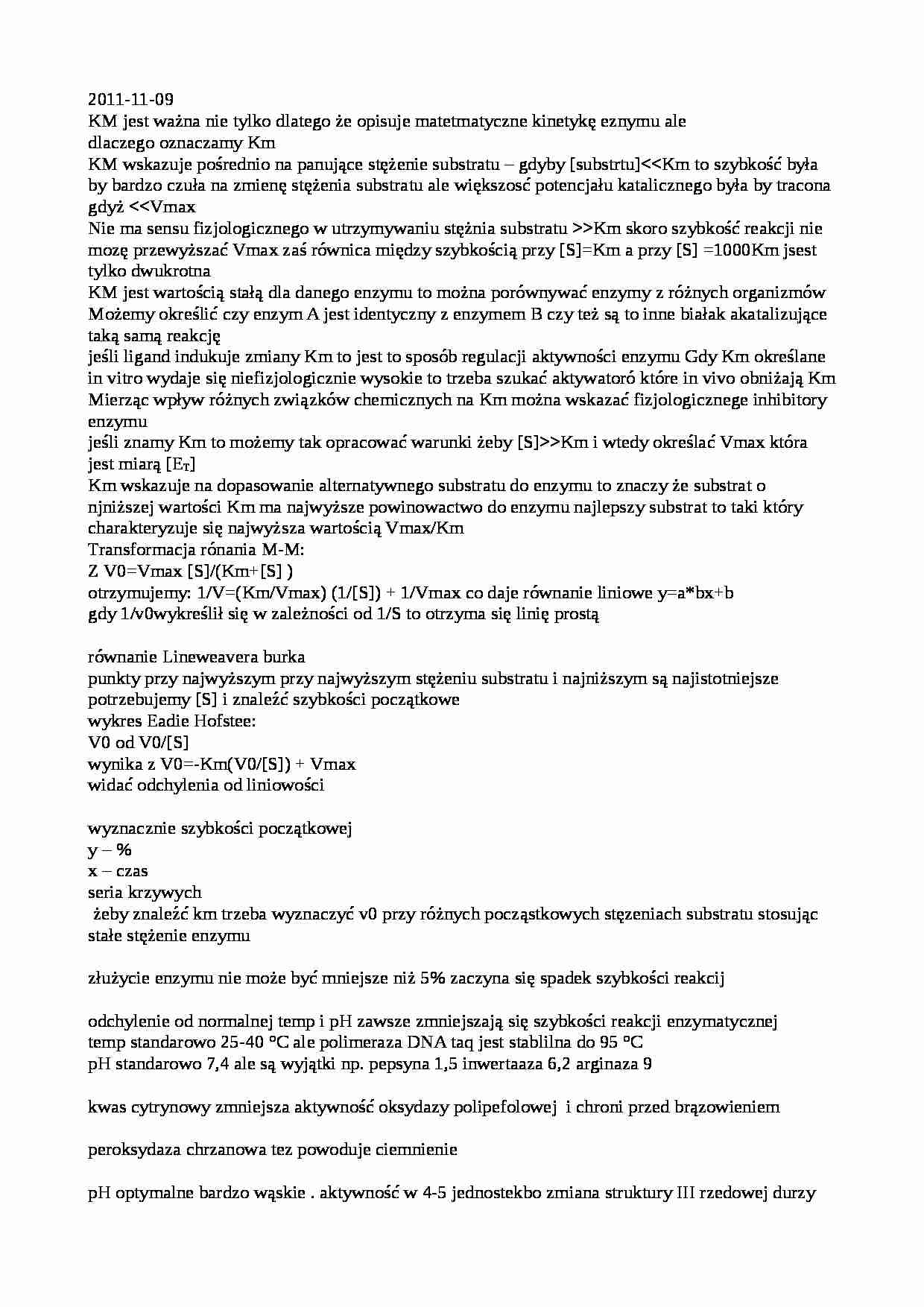 Enzymologia - notatki z wykładu 3 - strona 1