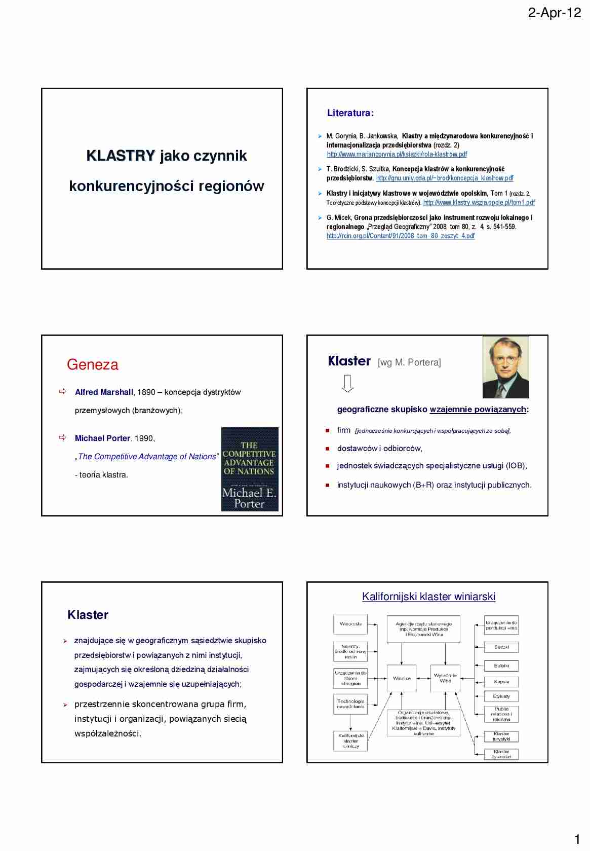 Klaster jako czynnik konkurencyjności regionów - wykład z gospodarki regionalnej - strona 1