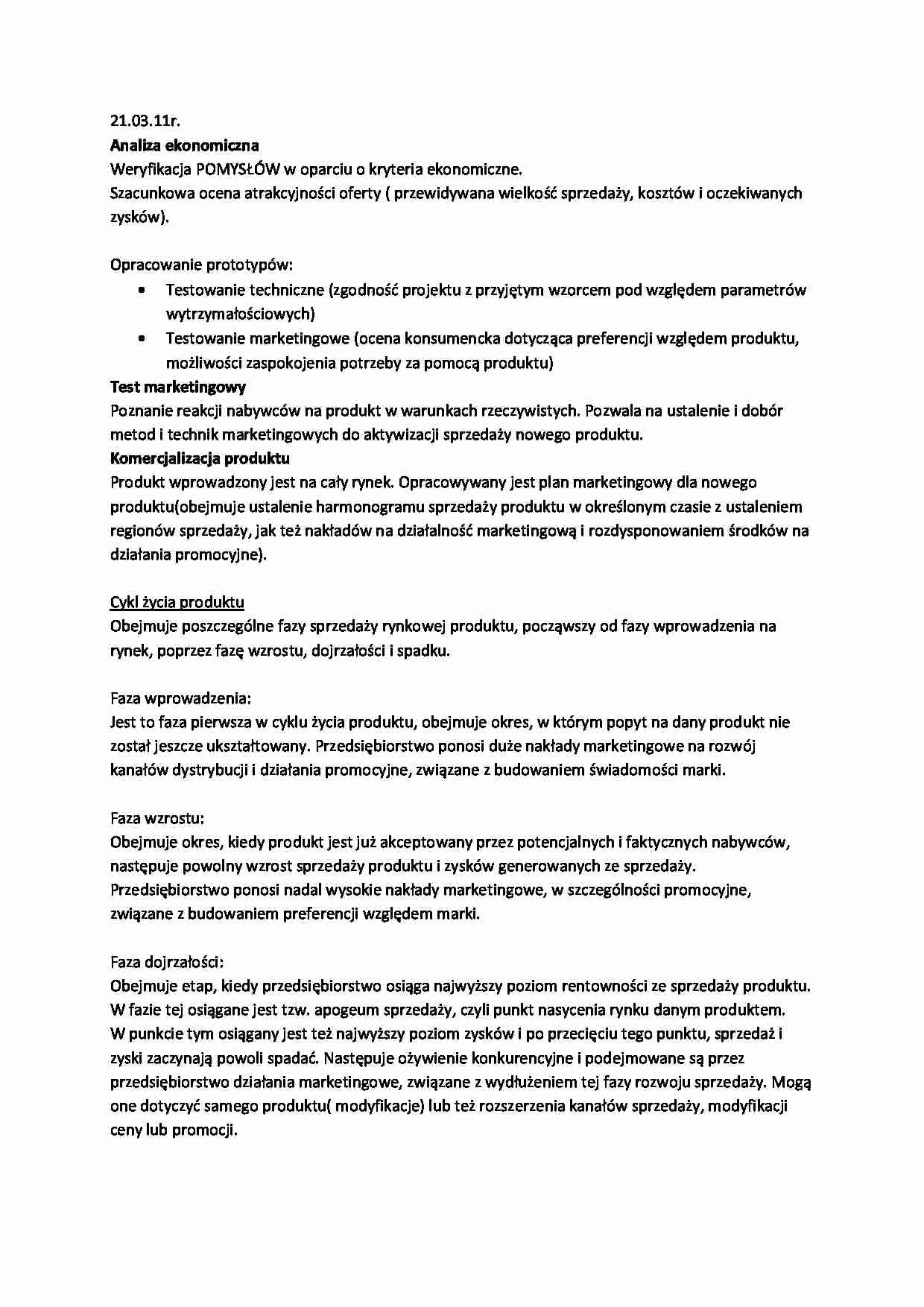 Wykład 3 z podstaw marketingu: Analiza ekonmiczna - strona 1