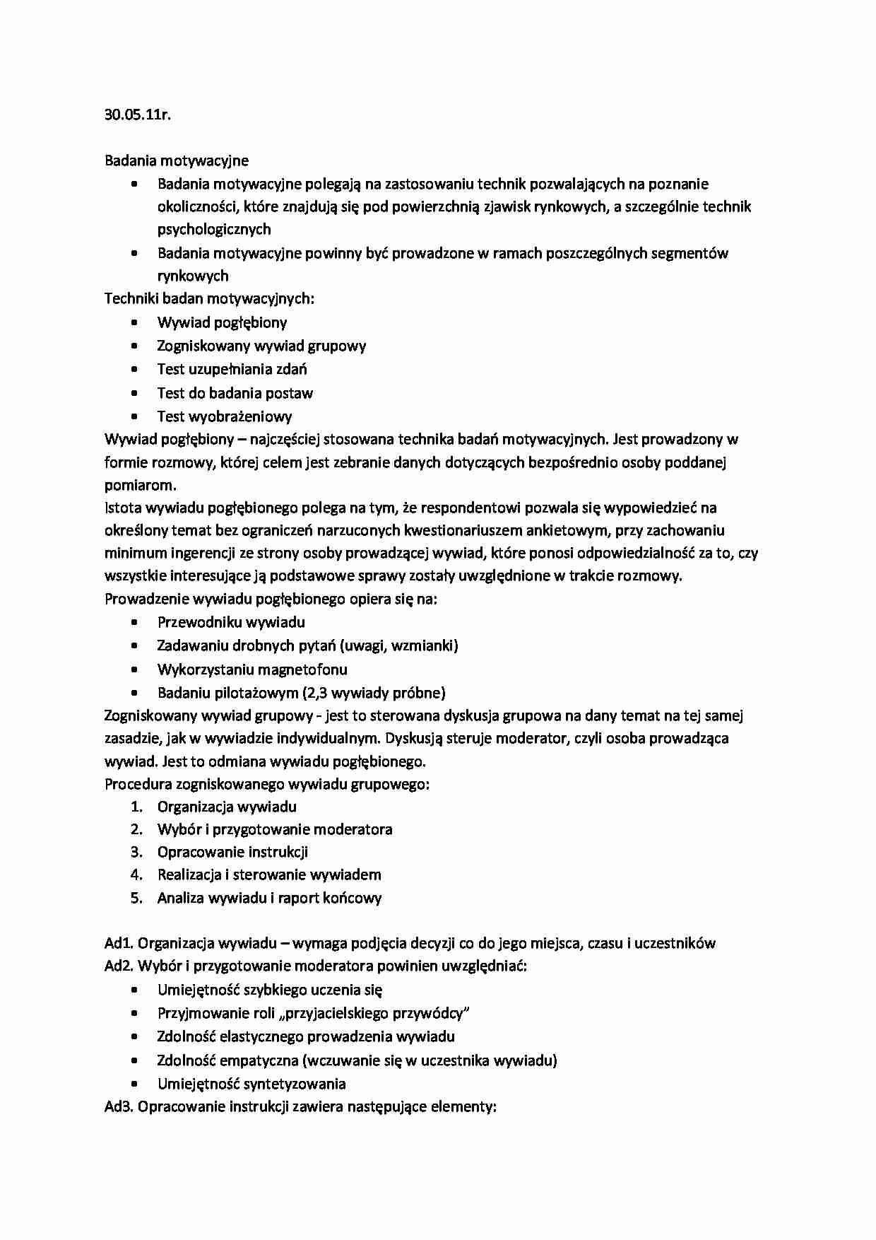 Wykład 10 z podstaw marketingu: Badania motywacyjne - strona 1