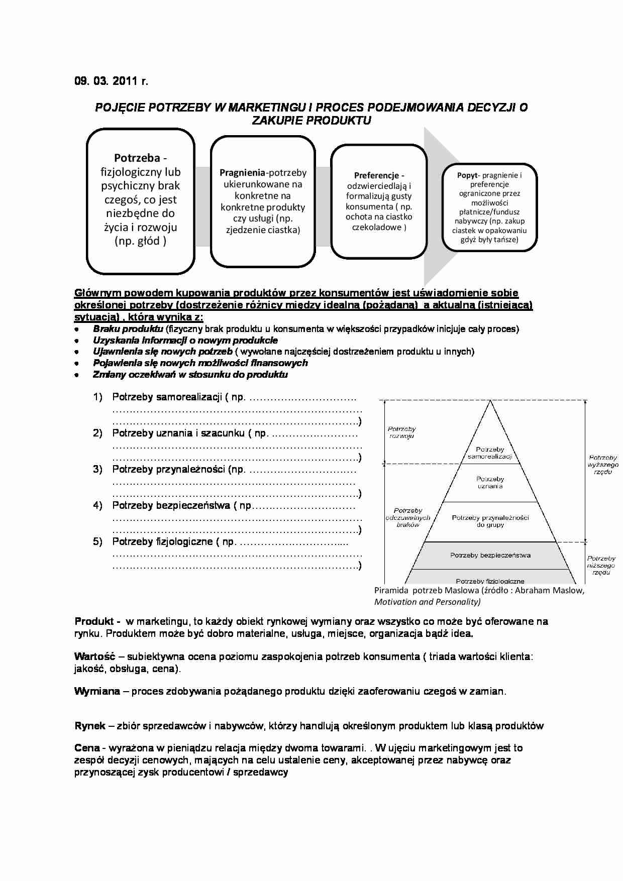 POJĘCIE POTRZEBY W MARKETINGU I PROCES PODEJMOWANIA DECYZJI O ZAKUPIE PRODUKTU - wykład z podstaw marketingu - strona 1