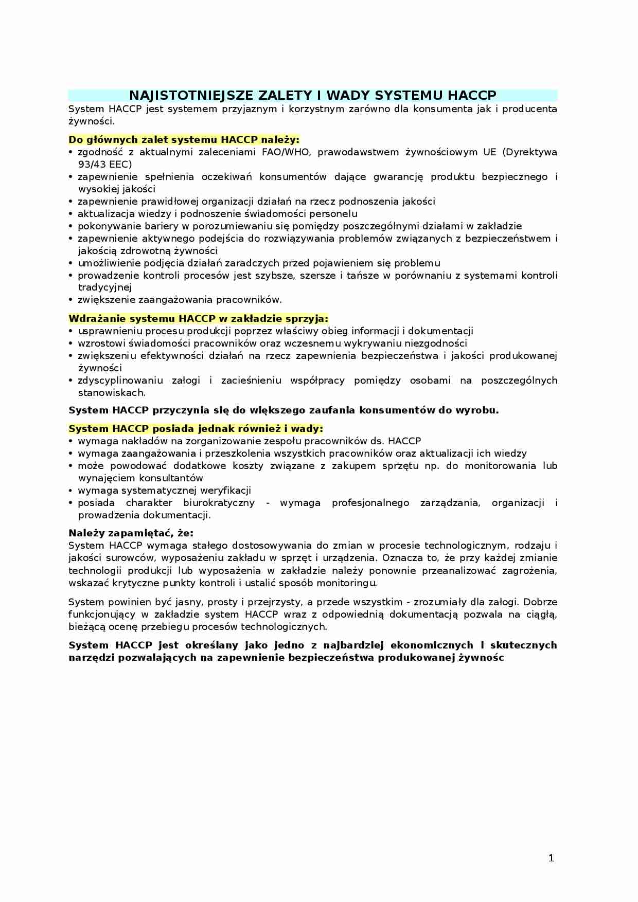Wady i zalety HACCP - strona 1
