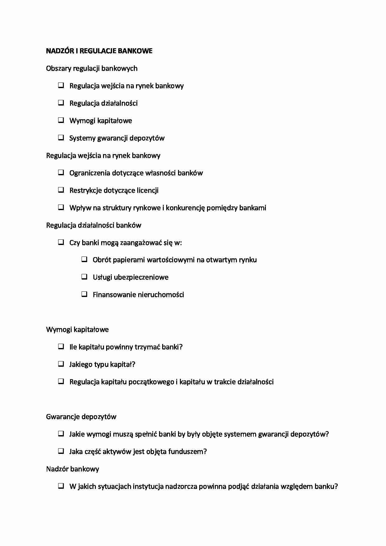 Finanse - wykład 5 -  NADZÓR I REGULACJE BANKOWE - strona 1