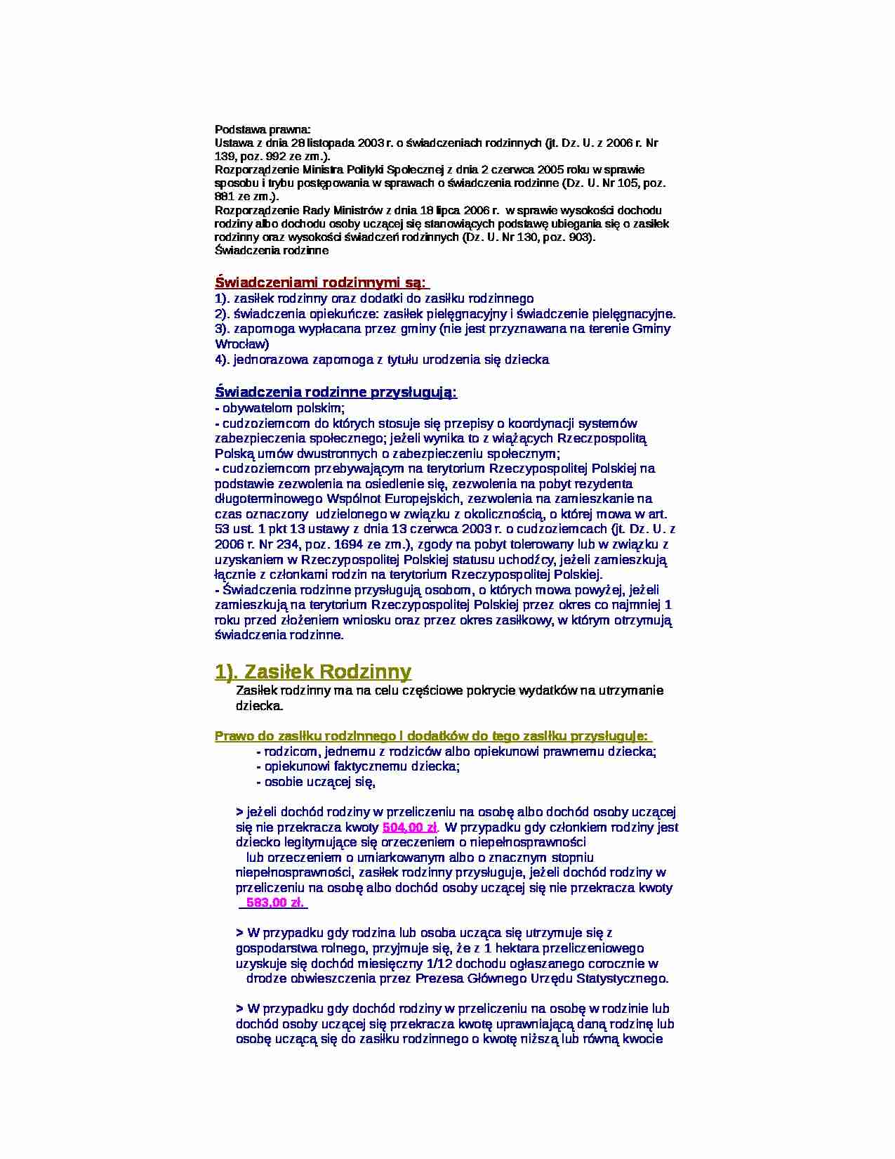 Temat     Swiadczenia rodzinne - Prawo  - strona 1