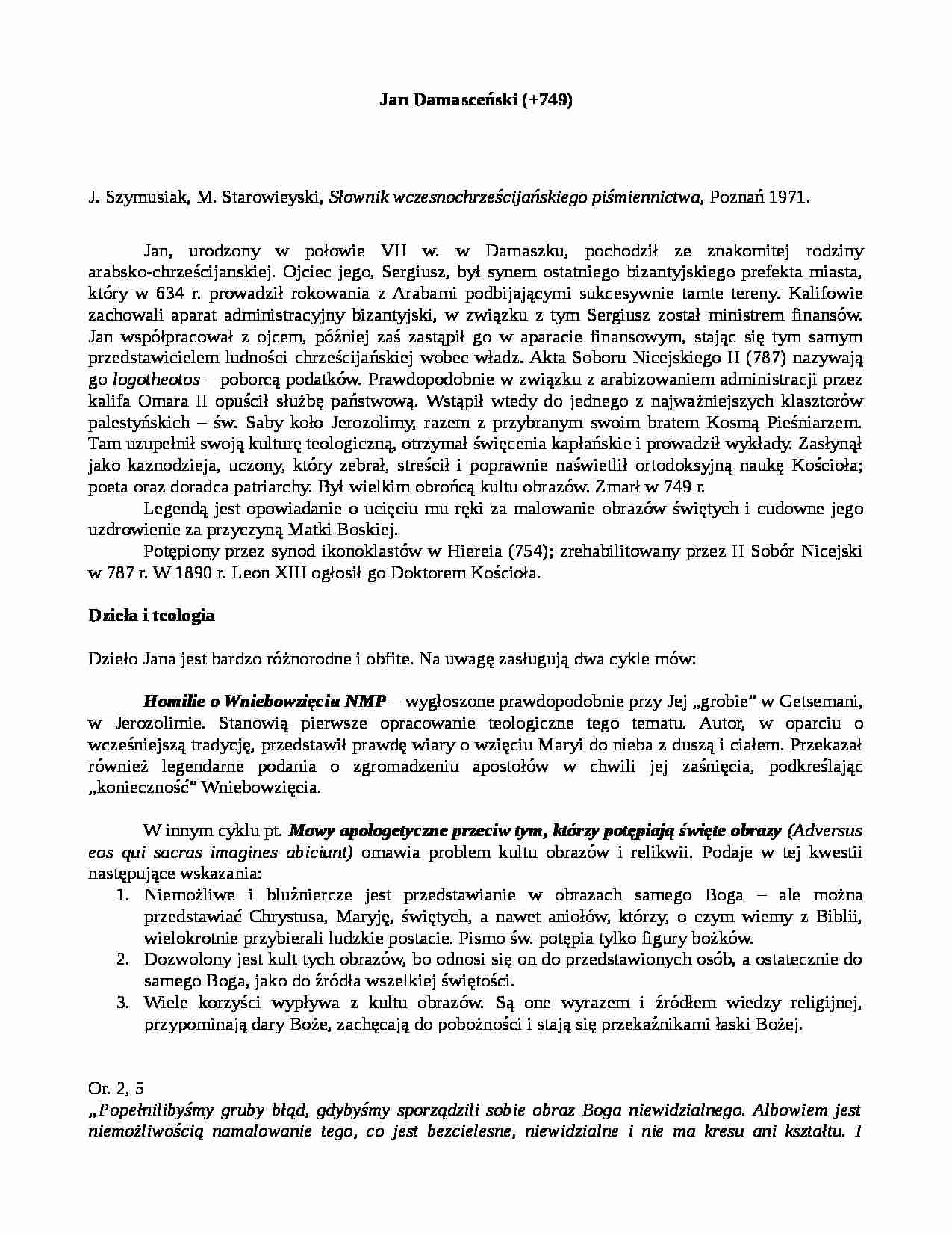 Jan Damasceński - dzieła i teologia - strona 1