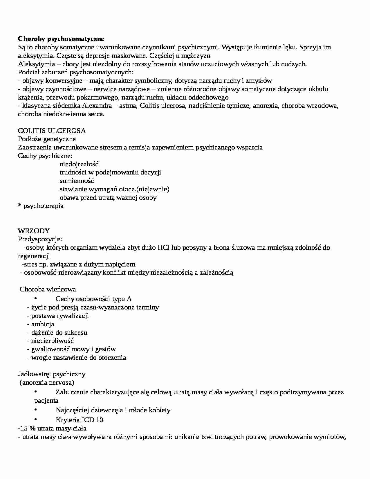 Choroby psychosomatyczne  - Bulimia - Aleksytymia - strona 1