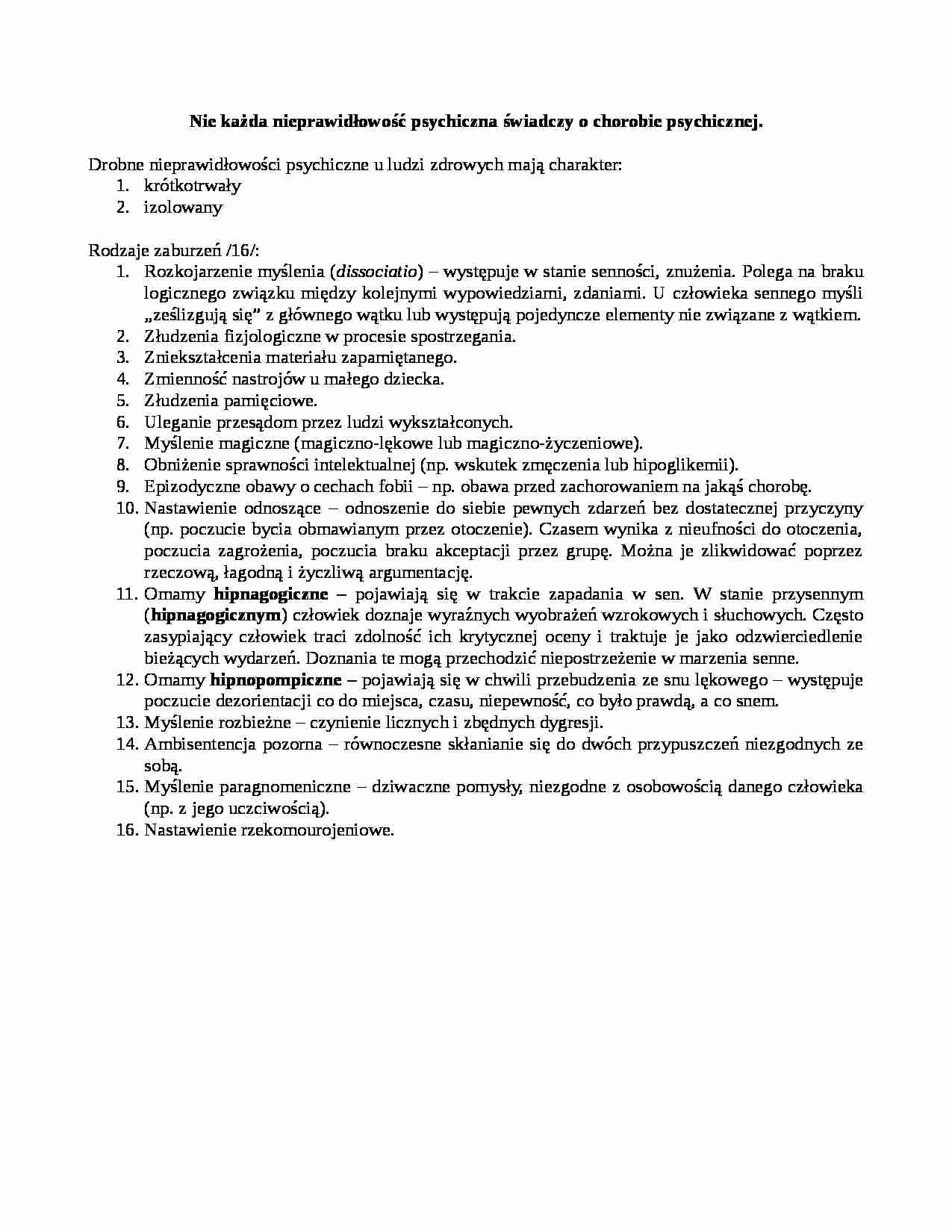 Psychopatologia-rodzaje zaburzeń - strona 1
