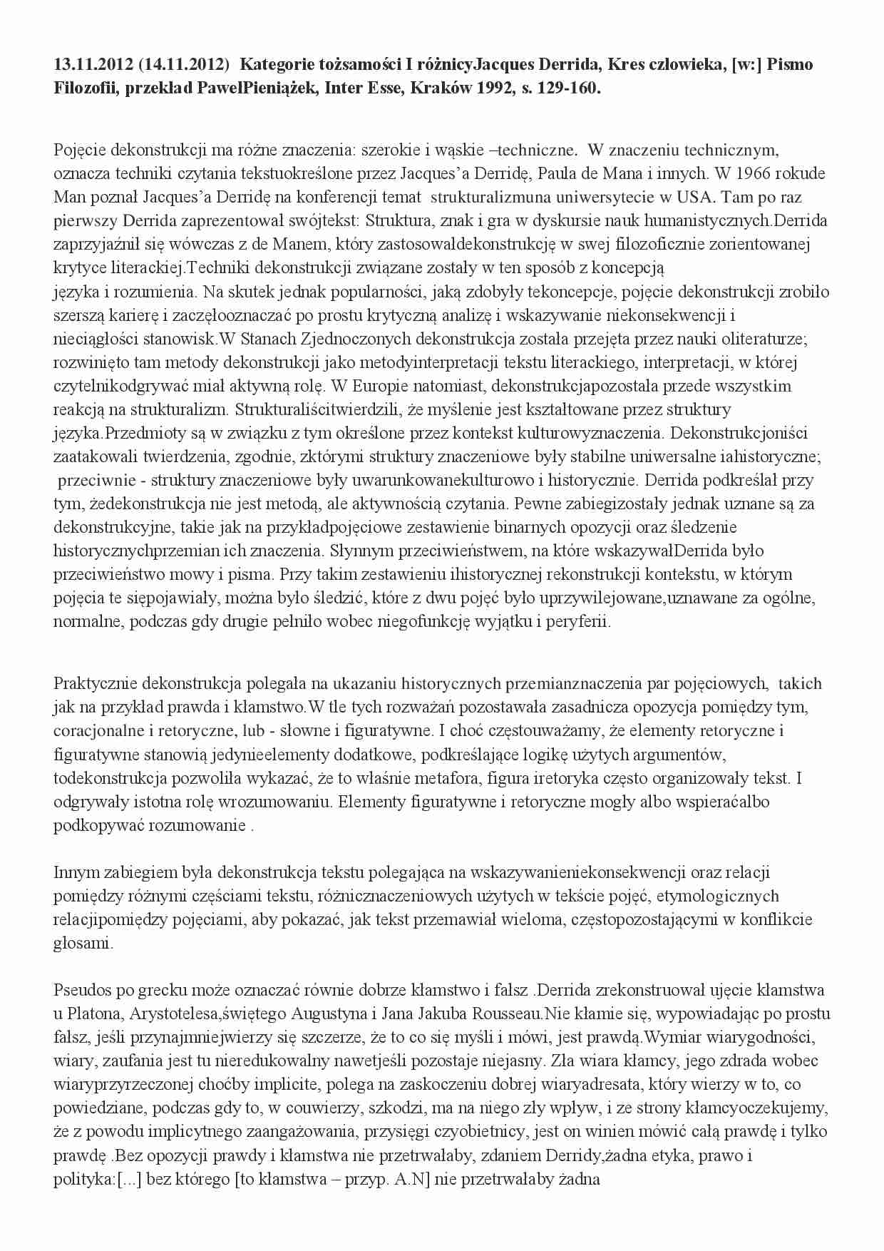 Kategorie tożsamości I różnicy Jacques Derrida - strona 1