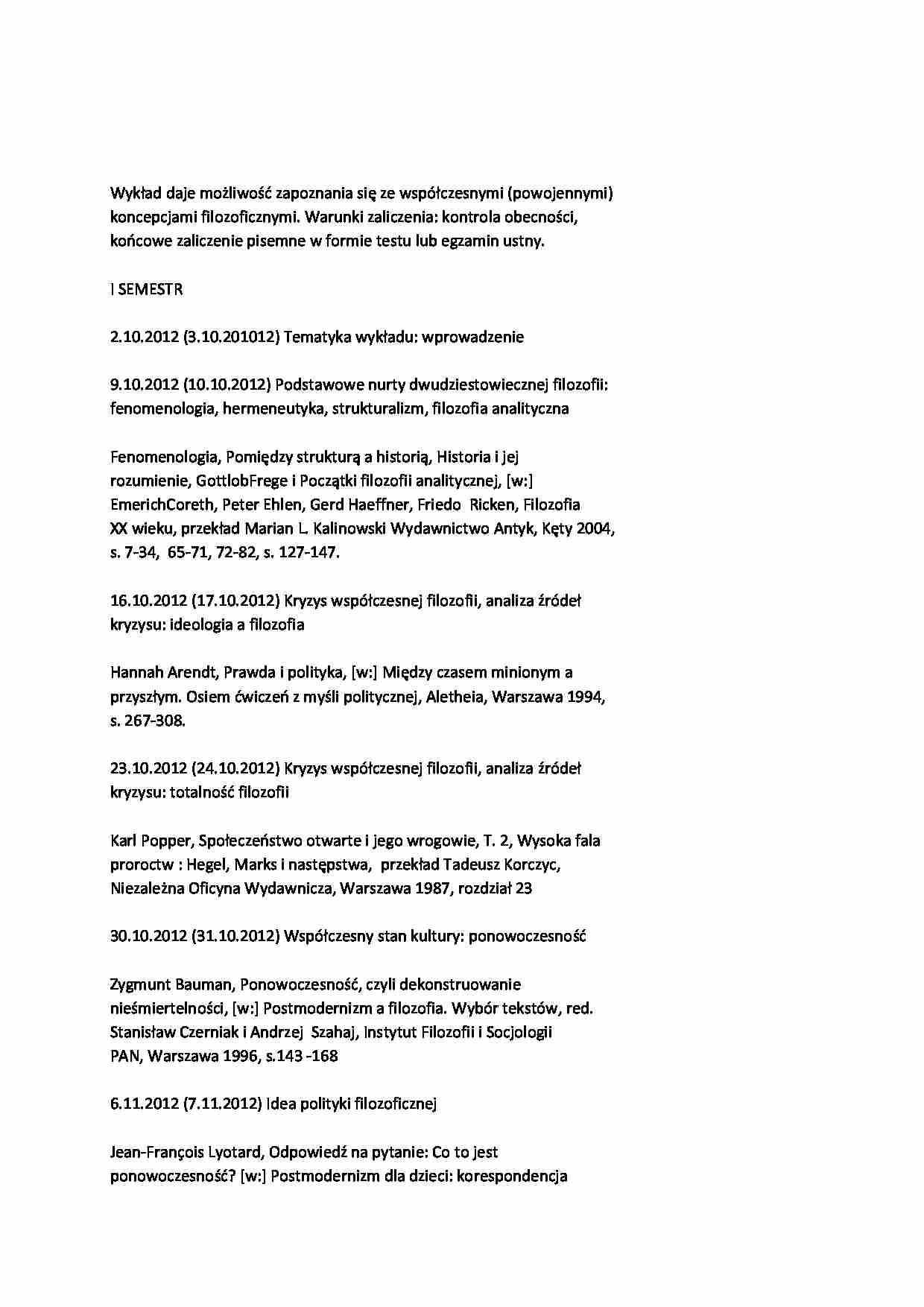 Filozofia współczesna-program wykładów - strona 1