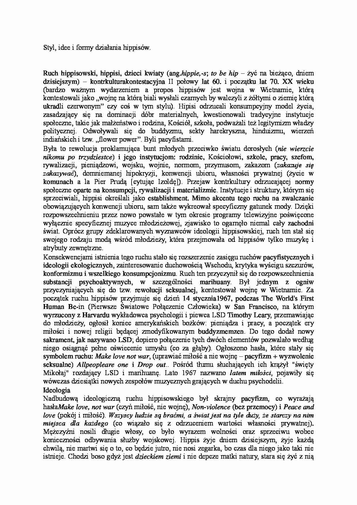 Styl, idee i formy działania hippisów - strona 1
