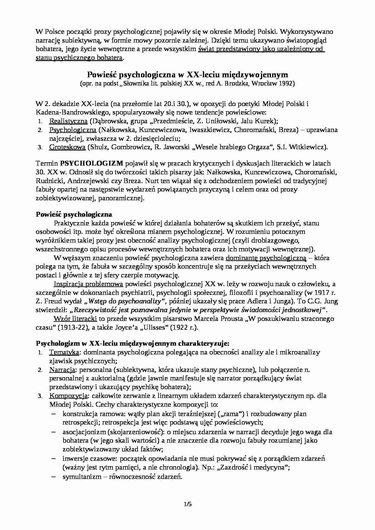 Powieść psychologiczna w XX-leciu międzywojennym - strona 1