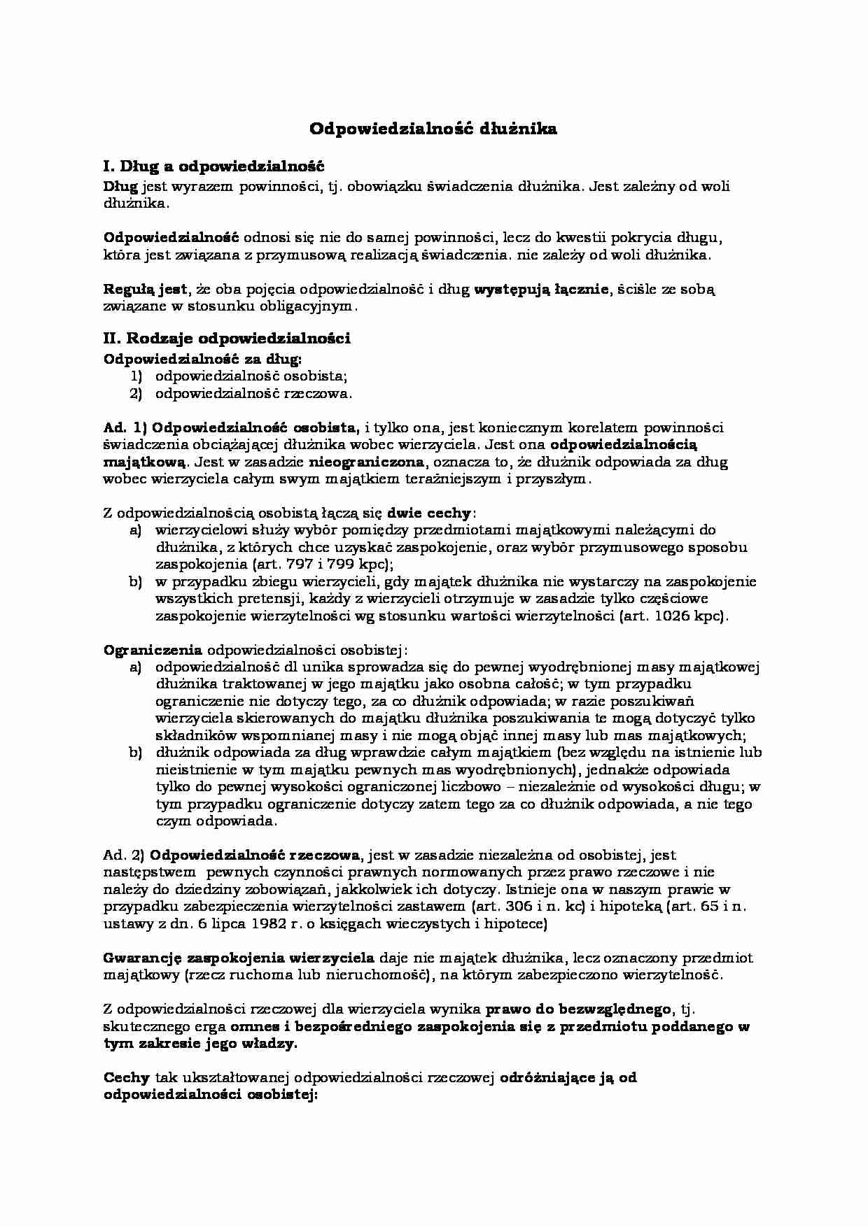 Odpowiedzialność dłużnika - dług a odpowiedzialność - strona 1