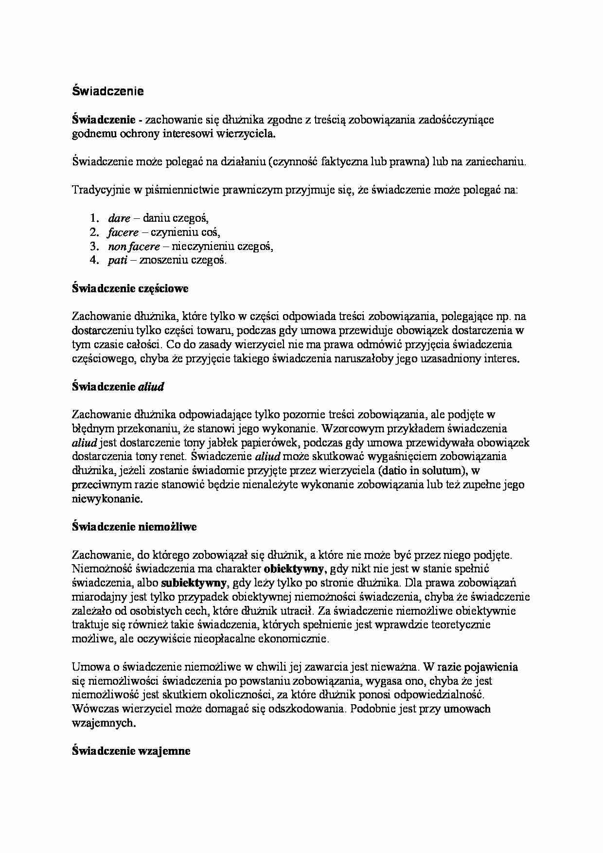 Świadczenie i jego rodzaje - strona 1