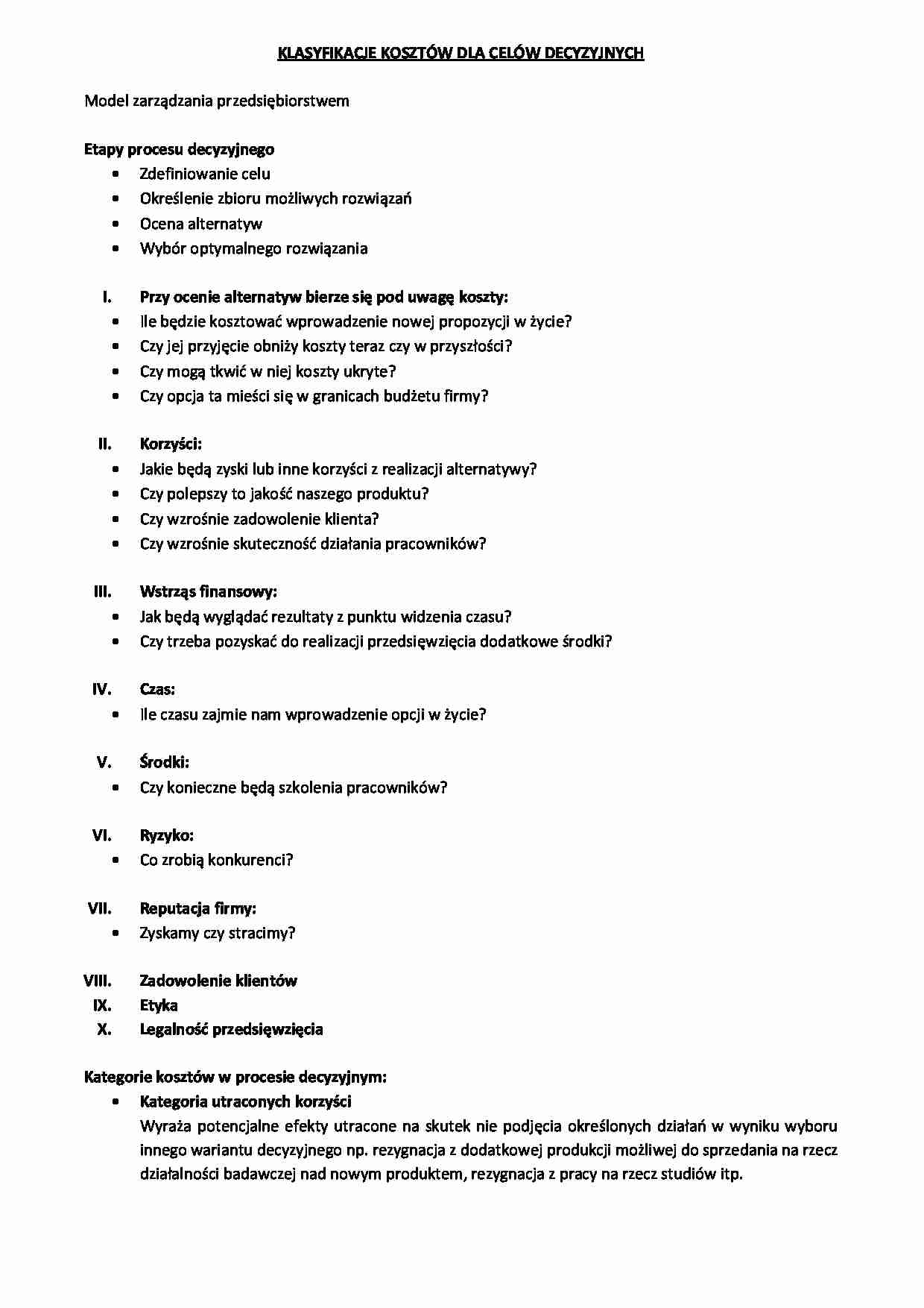 Klasyfikacje kosztów dla celów decyzyjnych - strona 1