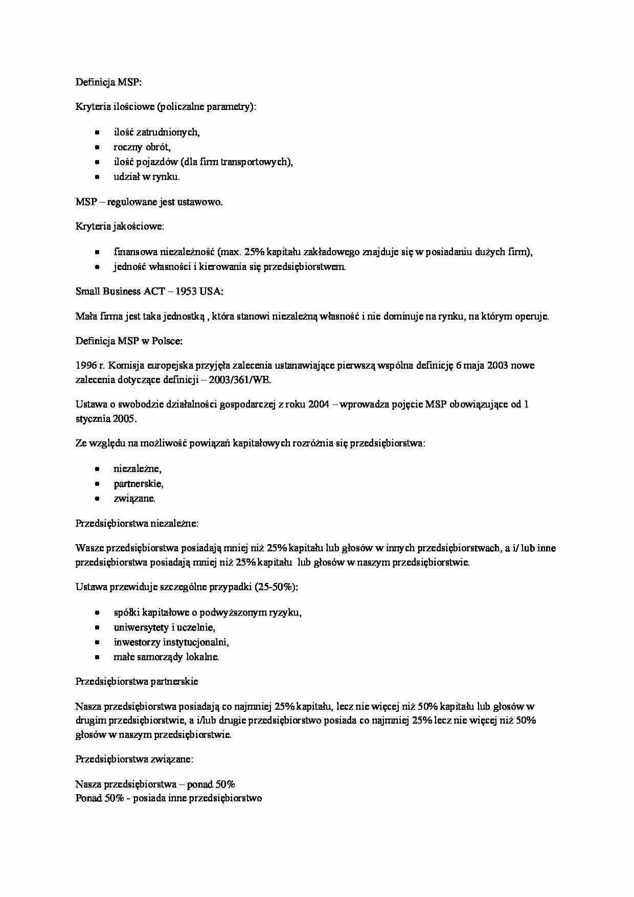 Definicja MSP - Kryteria ilościowe  - strona 1