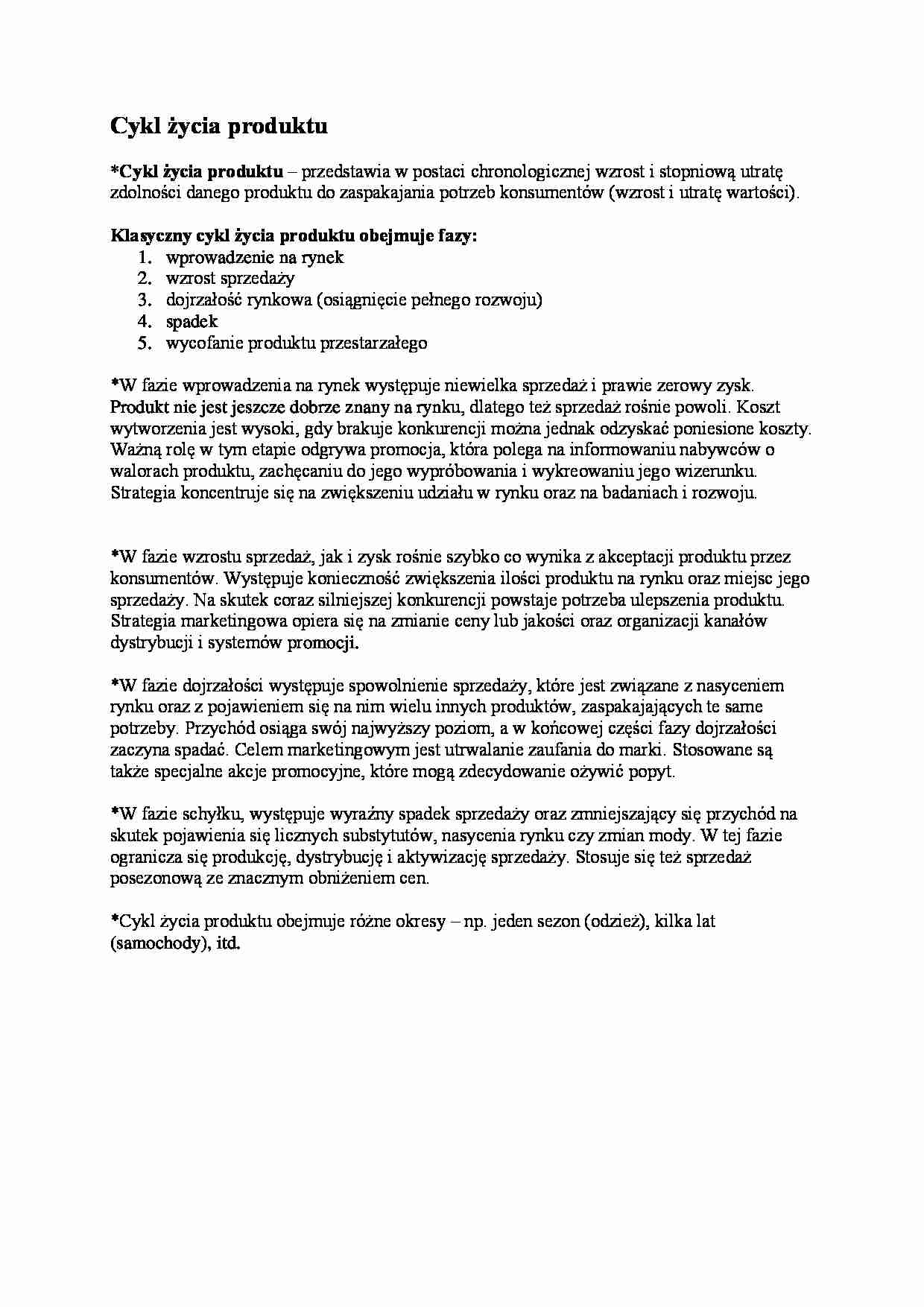 Cykl życia produktu - Strategia marketingowa - strona 1