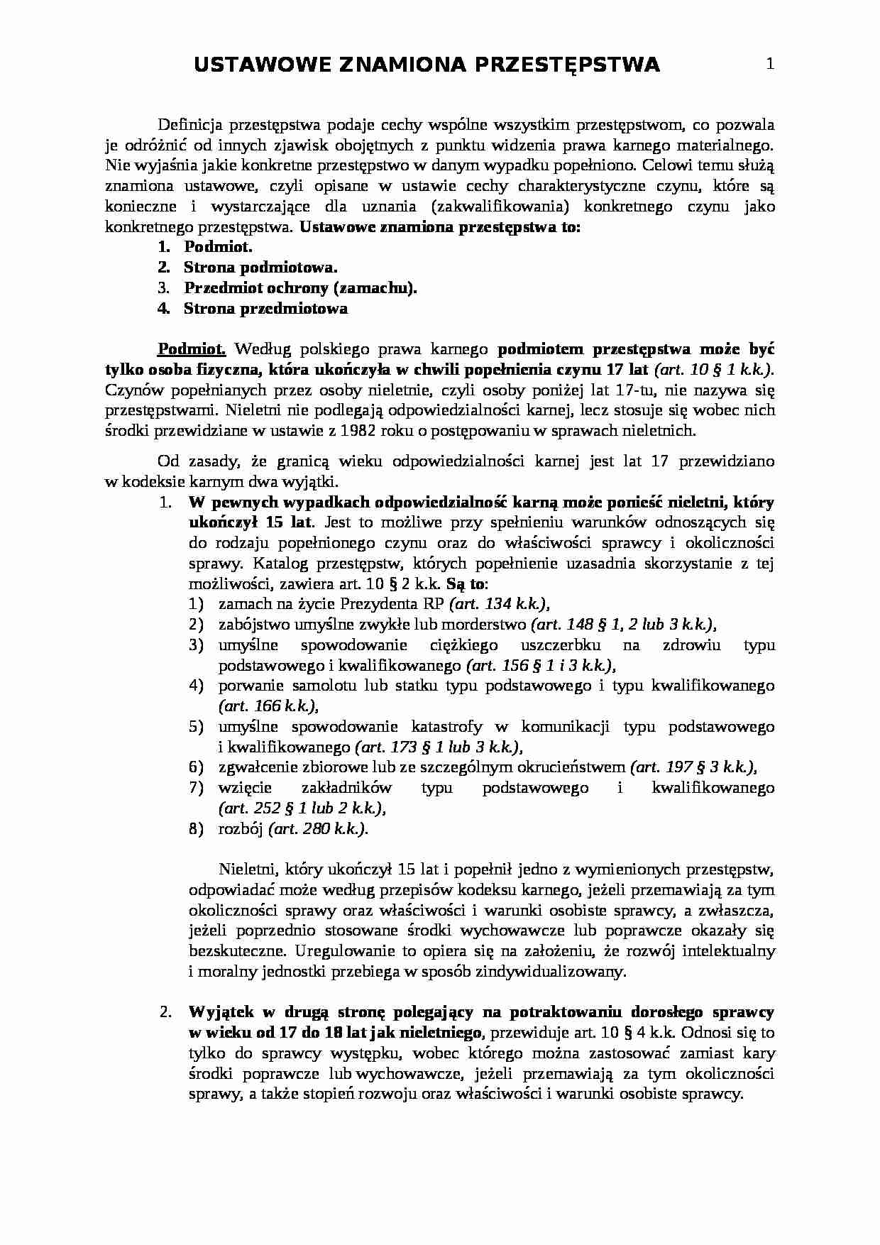 ustawowe znamiona przestepstwa - Prawo  - strona 1