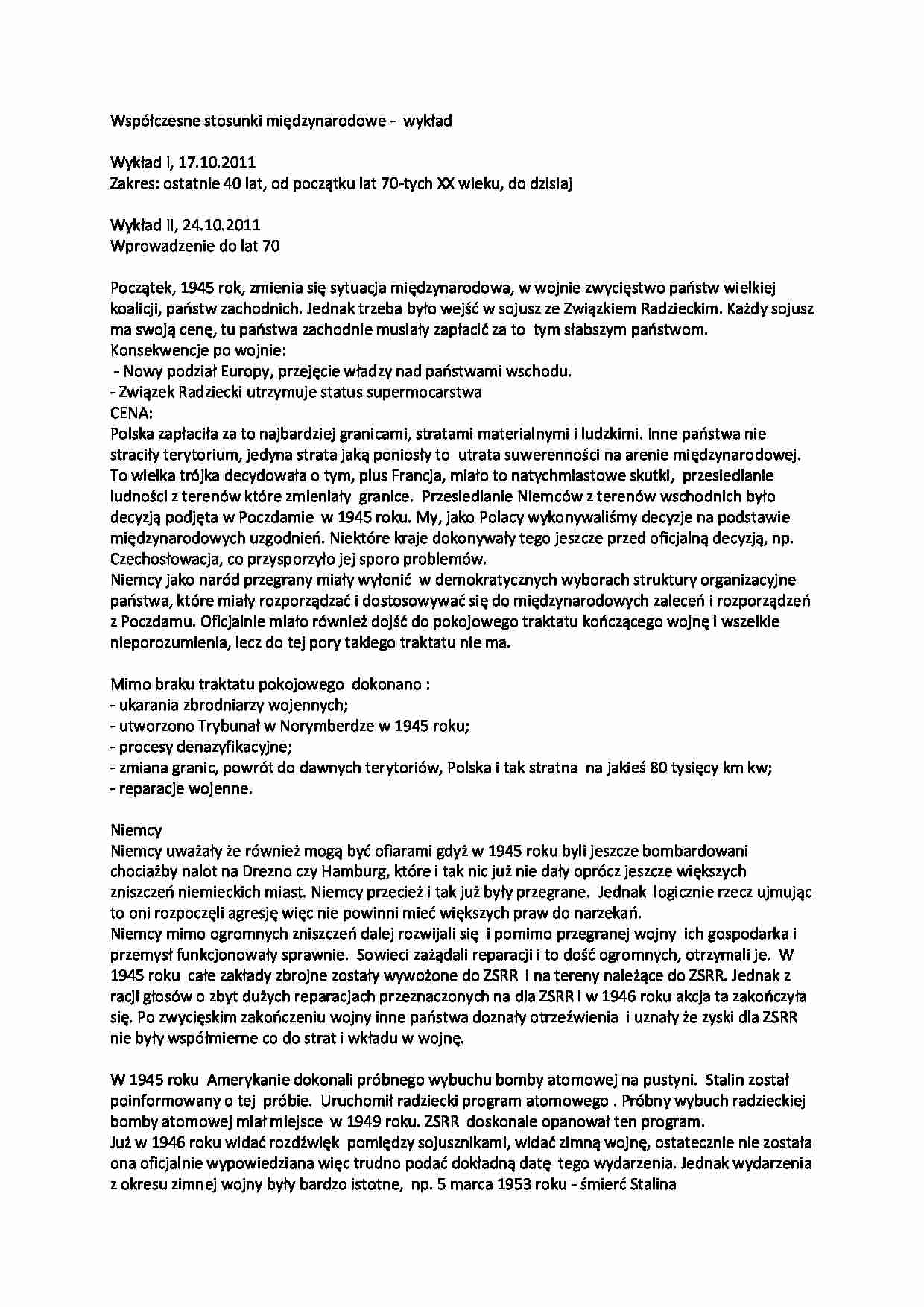 Współczesne stosunki międzynarodowe - wykład - strona 1