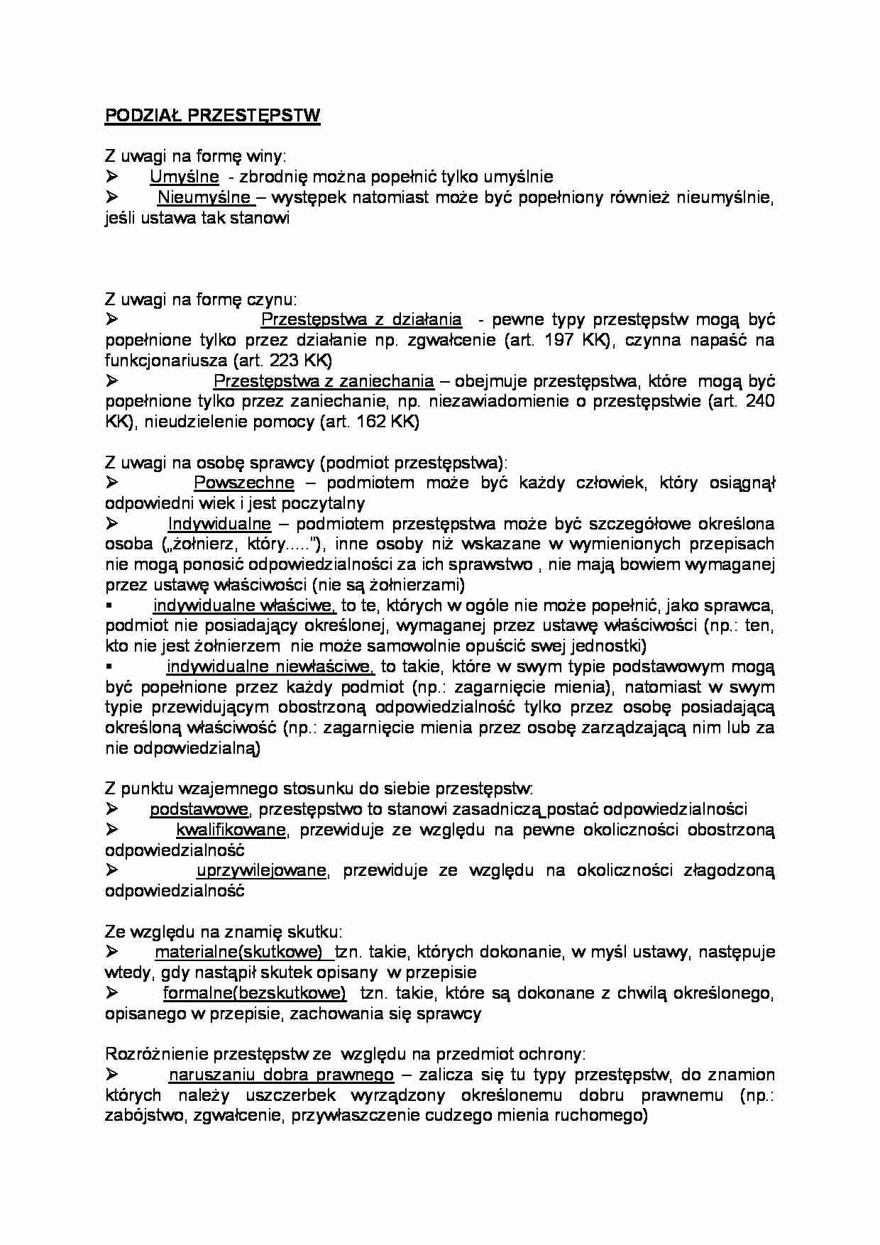 Podział przestępstw - Umyślne - strona 1