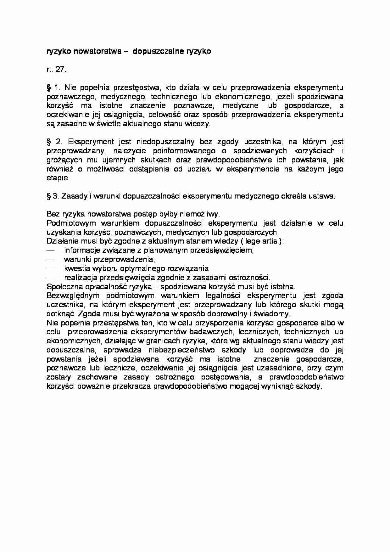 Ryzyko nowatorstwa –  dopuszczalne ryzyko - strona 1